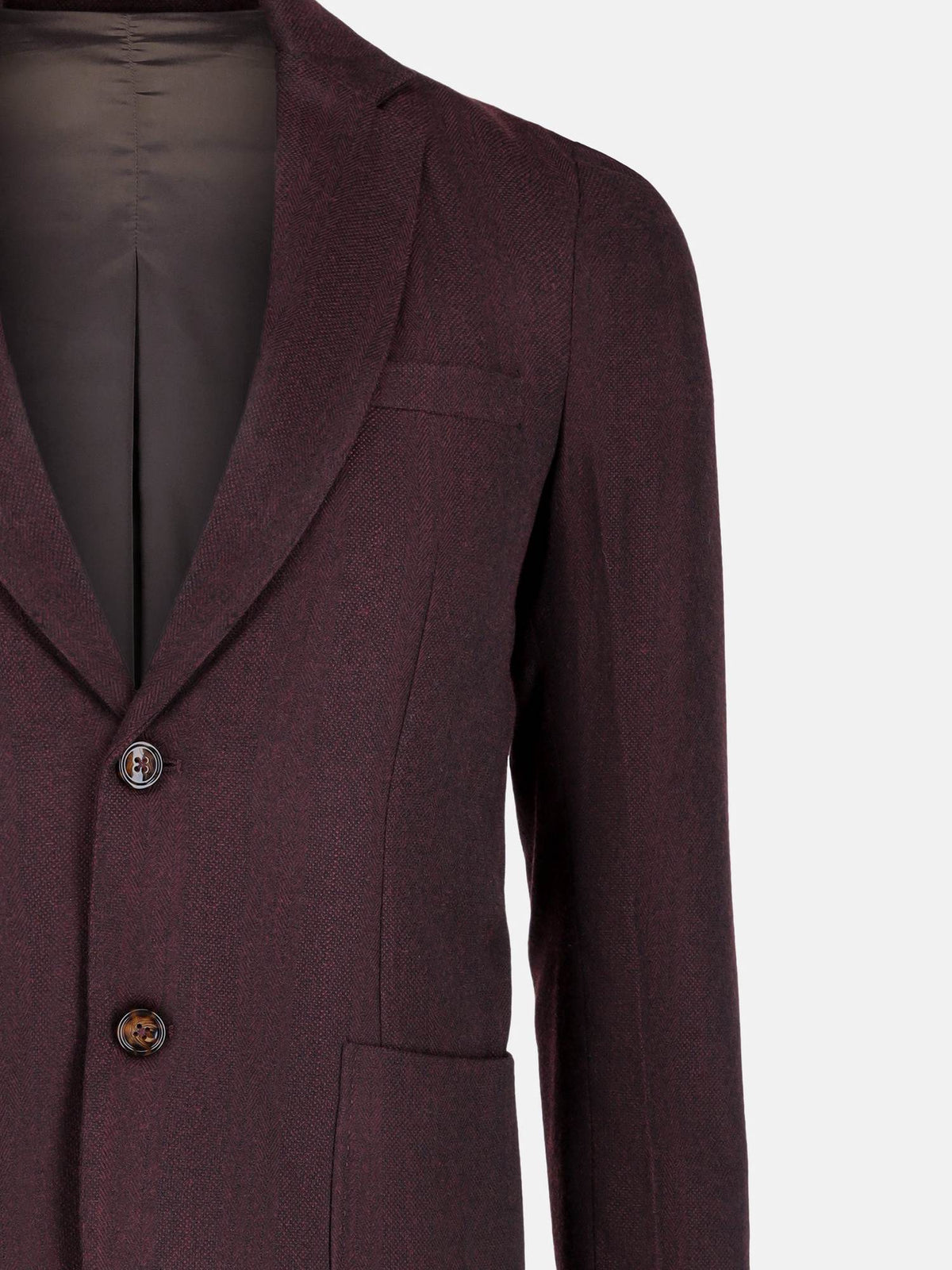 Maroon blazer front and lapel close-up with two-button placket and flap pocket