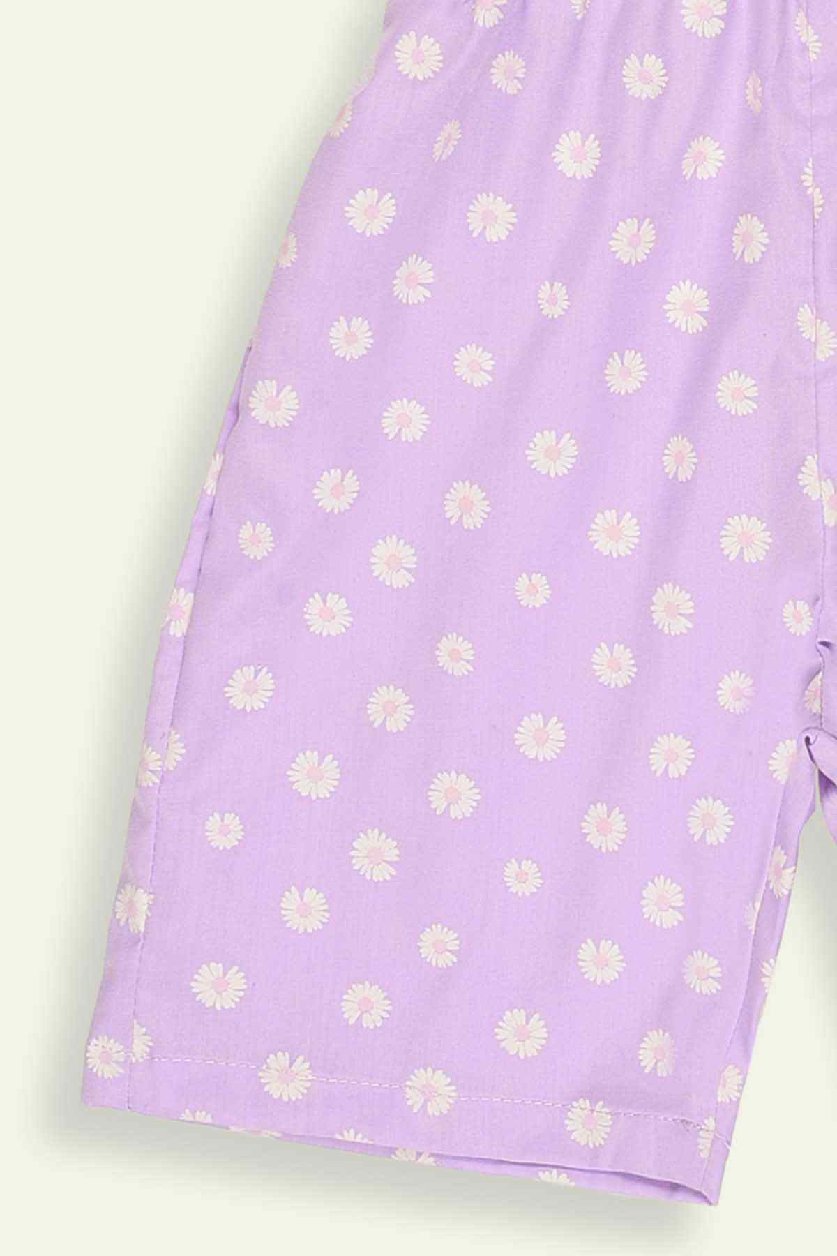 Purple daisy-print romper shorts with elastic waist and side tie