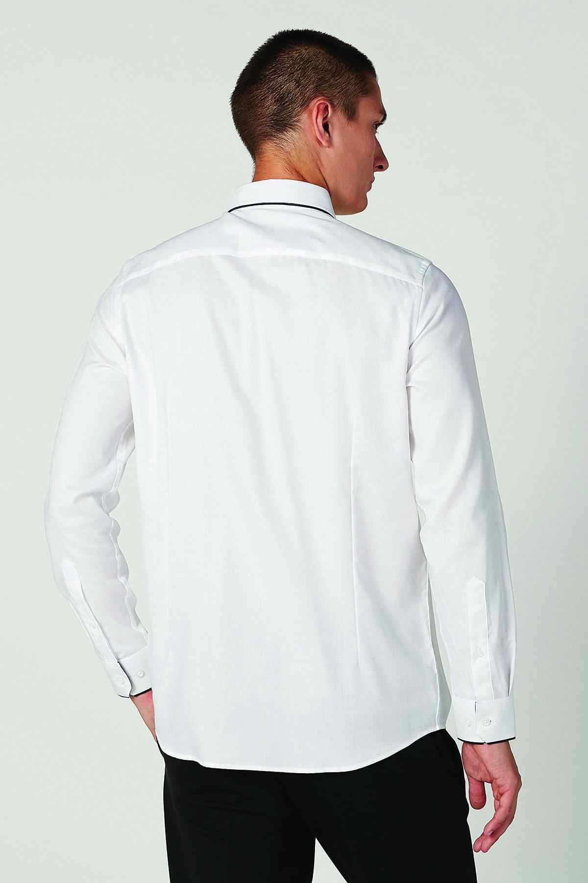 Men's white dress shirt back view with buttoned yoke and long sleeves