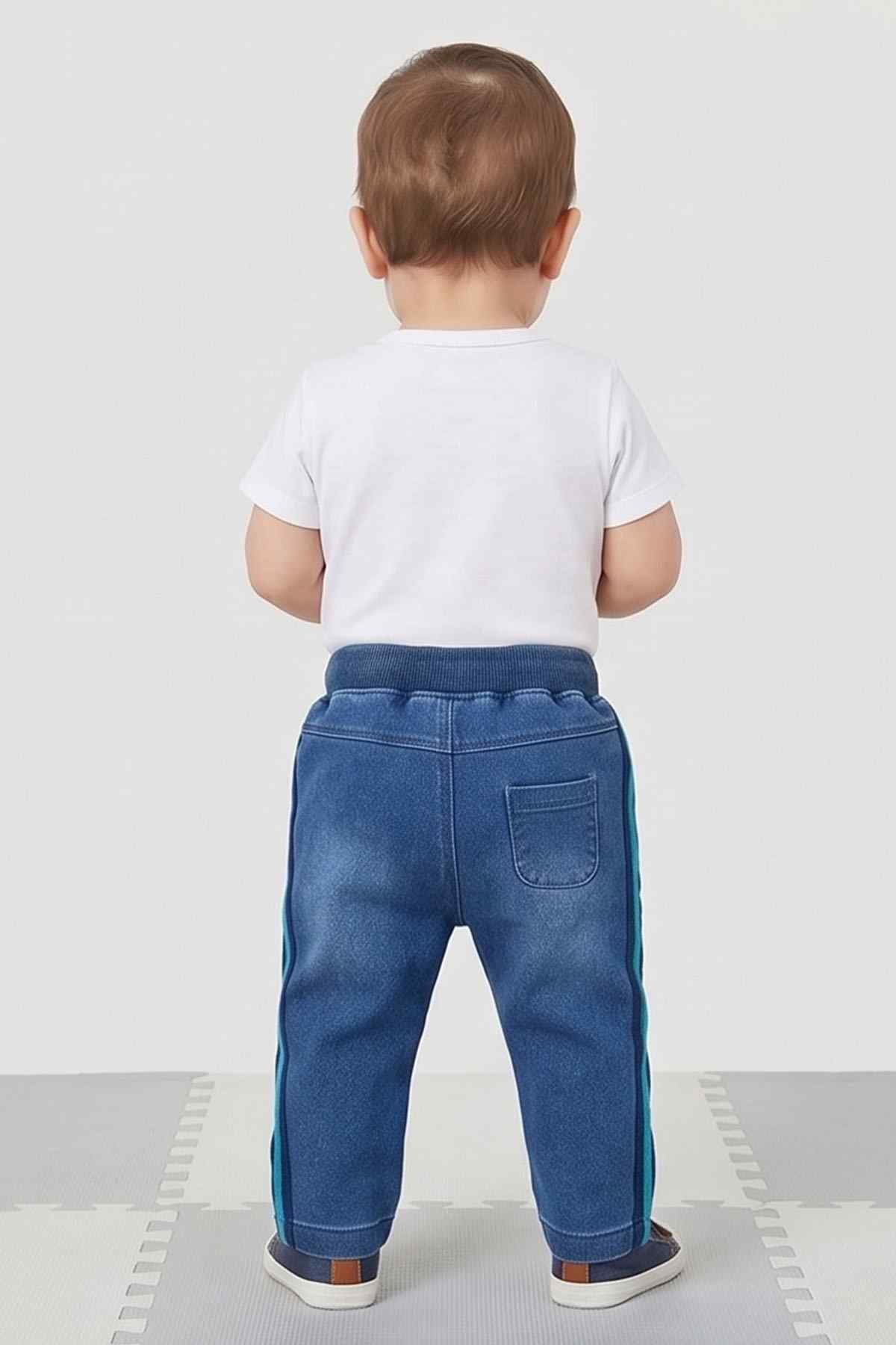 Blue baby jogger pants from back view, drawstring waist, teal side stripe, pocket