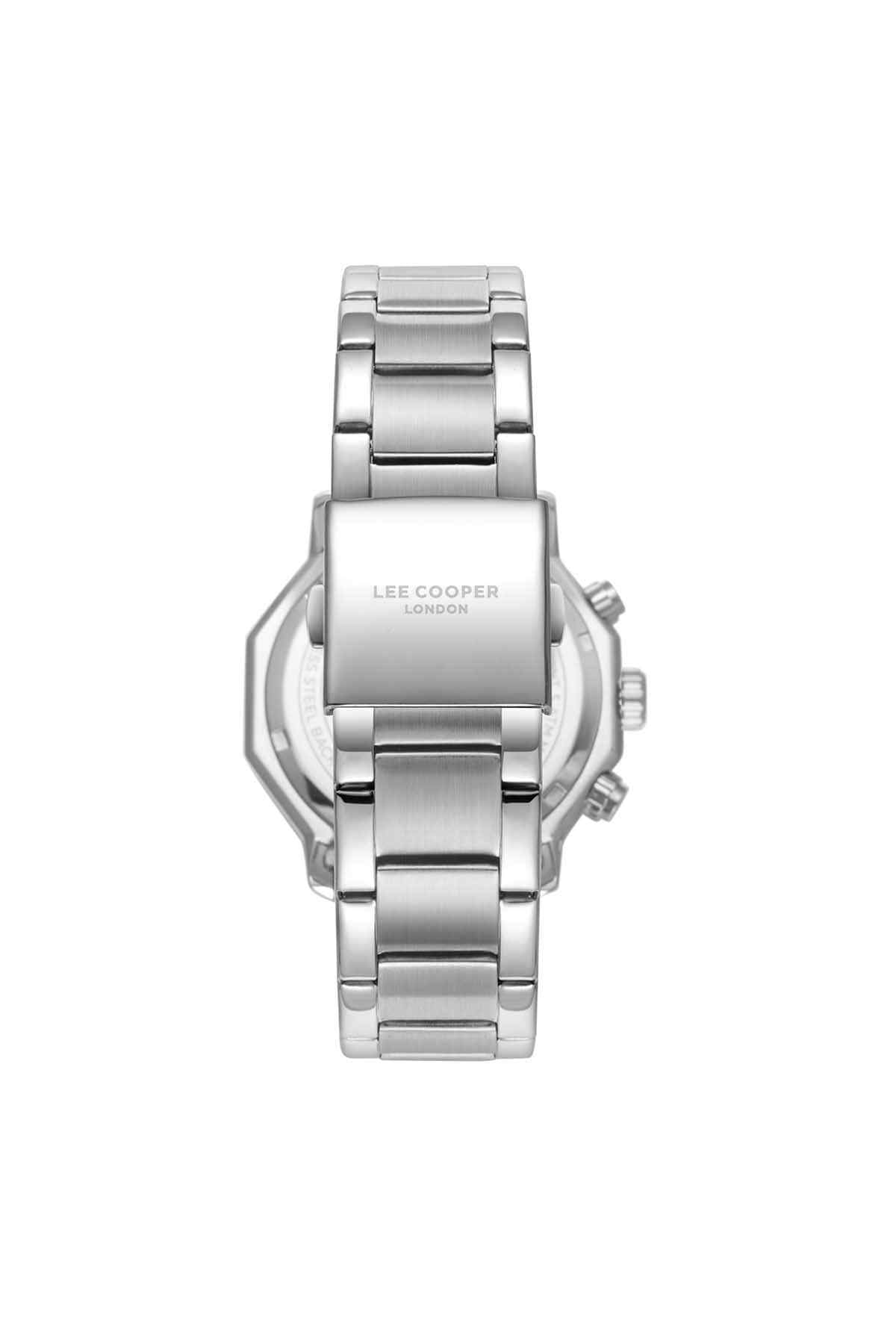 Silver analog watch with steel bracelet and clasp, case back showing branding