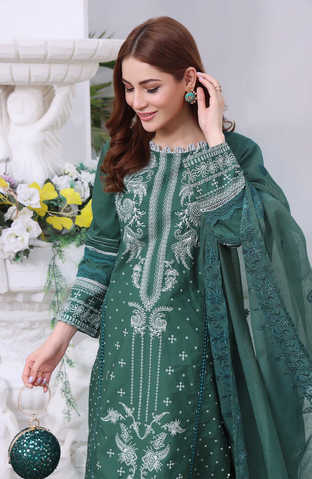 Dark green embroidered tunic with ornate motifs and draped sheer dupatta