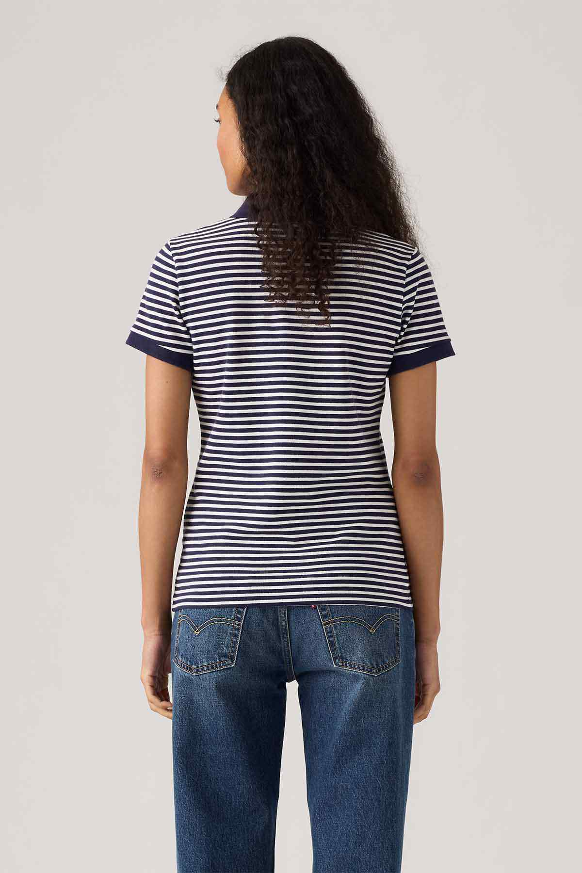 Striped polo shirt back view with navy-and-white short sleeves and collar