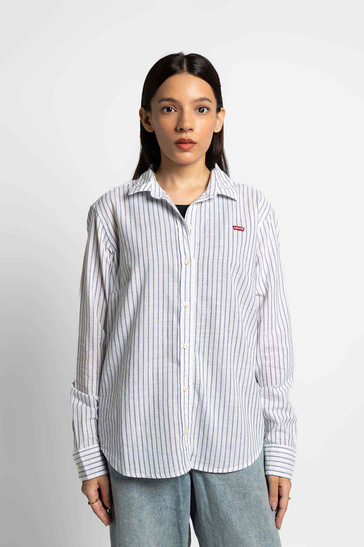 Levi's white and light-blue striped button-up shirt with collar and logo