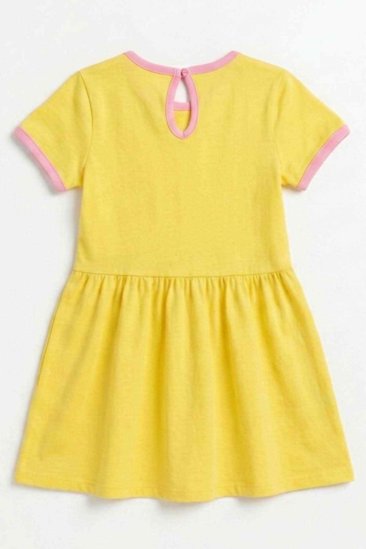 Yellow baby girls’ short dress with pink-trim keyhole back and button