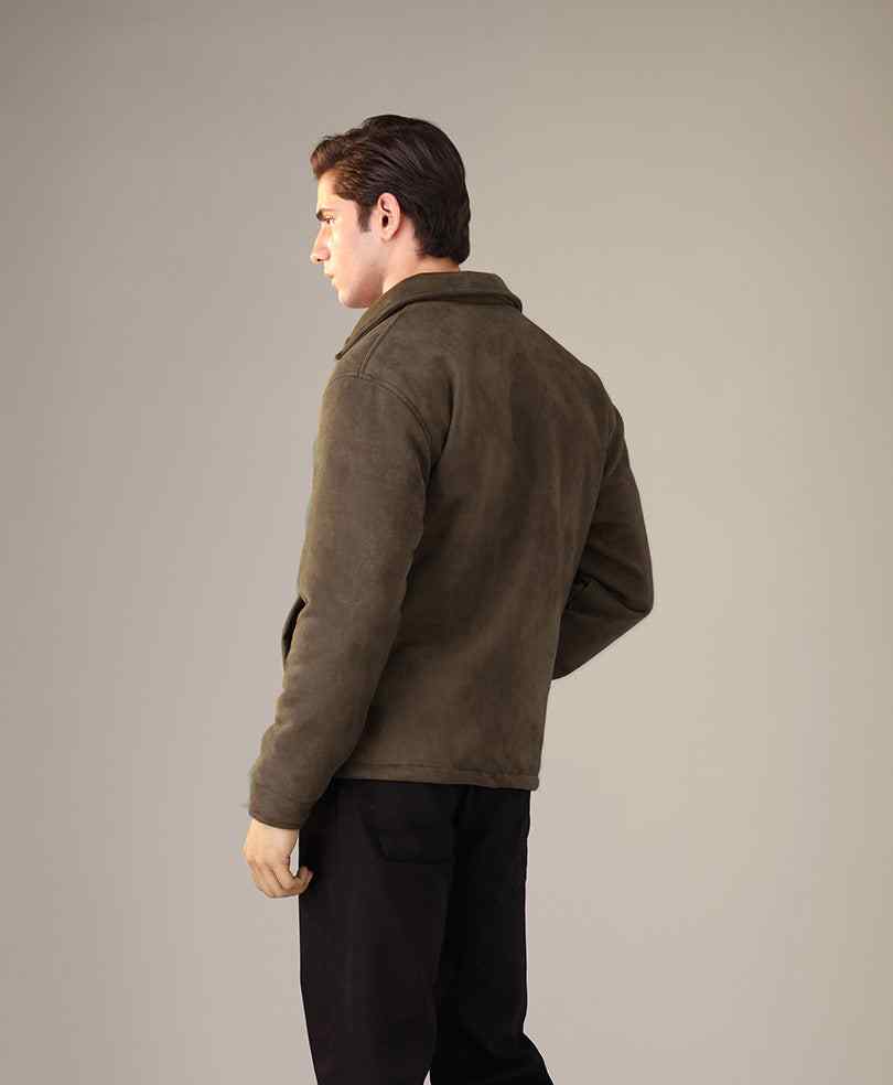 Olive fitted zip jacket back view with stand collar and long sleeves