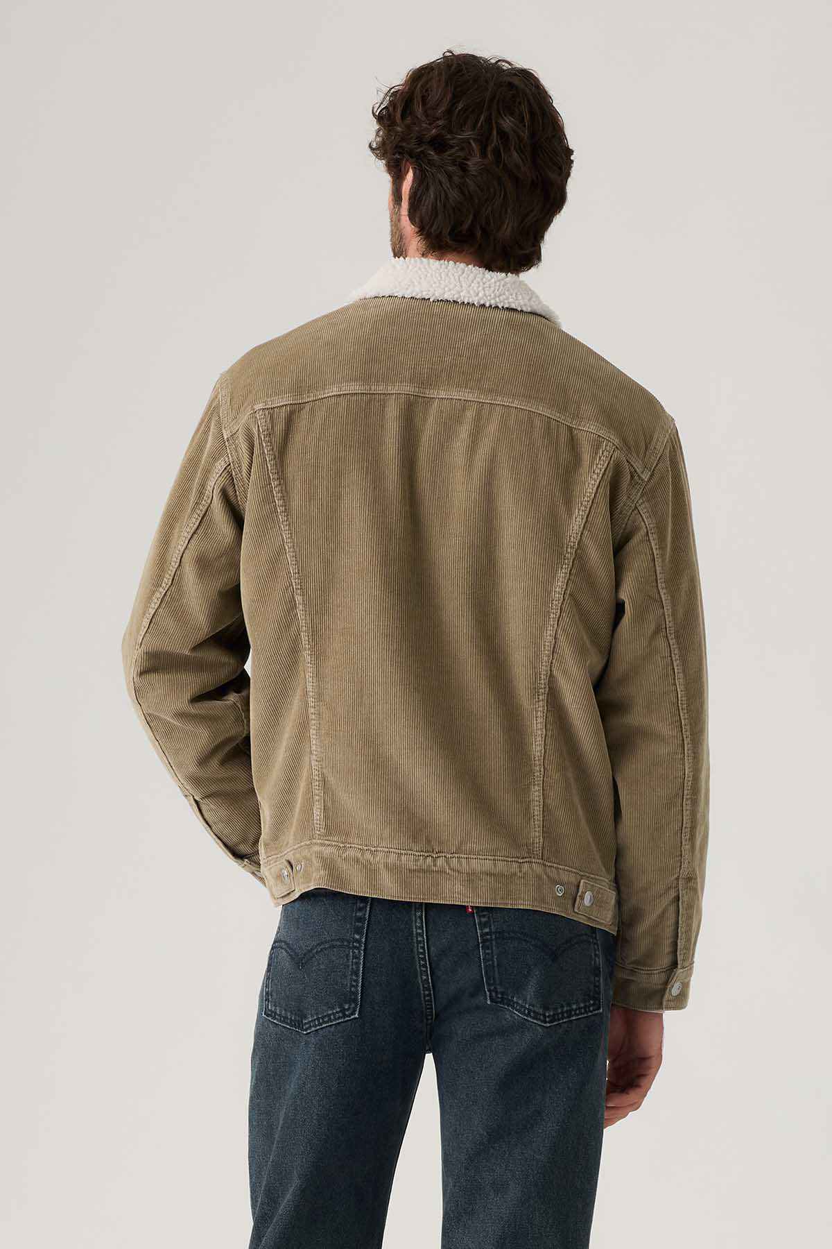 Khaki denim jacket back view with yoke stitching and button placket