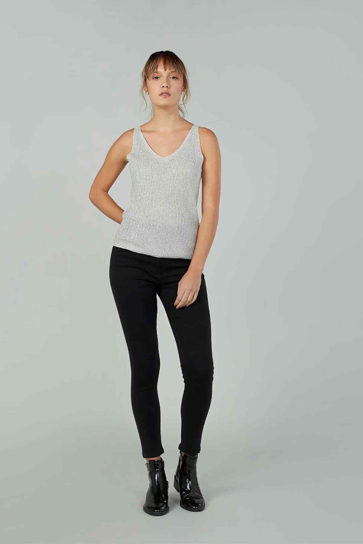 Women’s silver knit sleeveless V-neck tank top with straight hem, full view