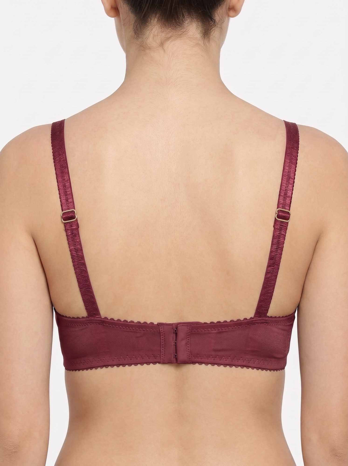Maroon lace bra back view with adjustable straps and center band
