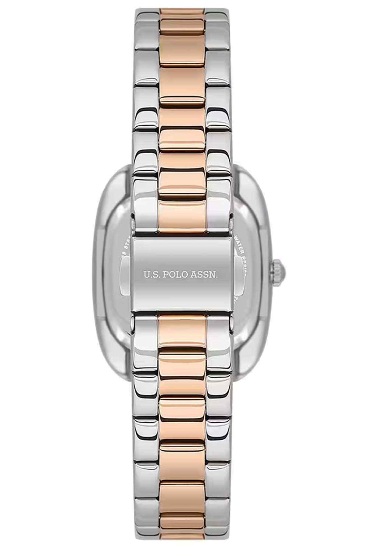 U.S. Polo Assn wristwatch with metallic grey and rose-gold bracelet, round silver case