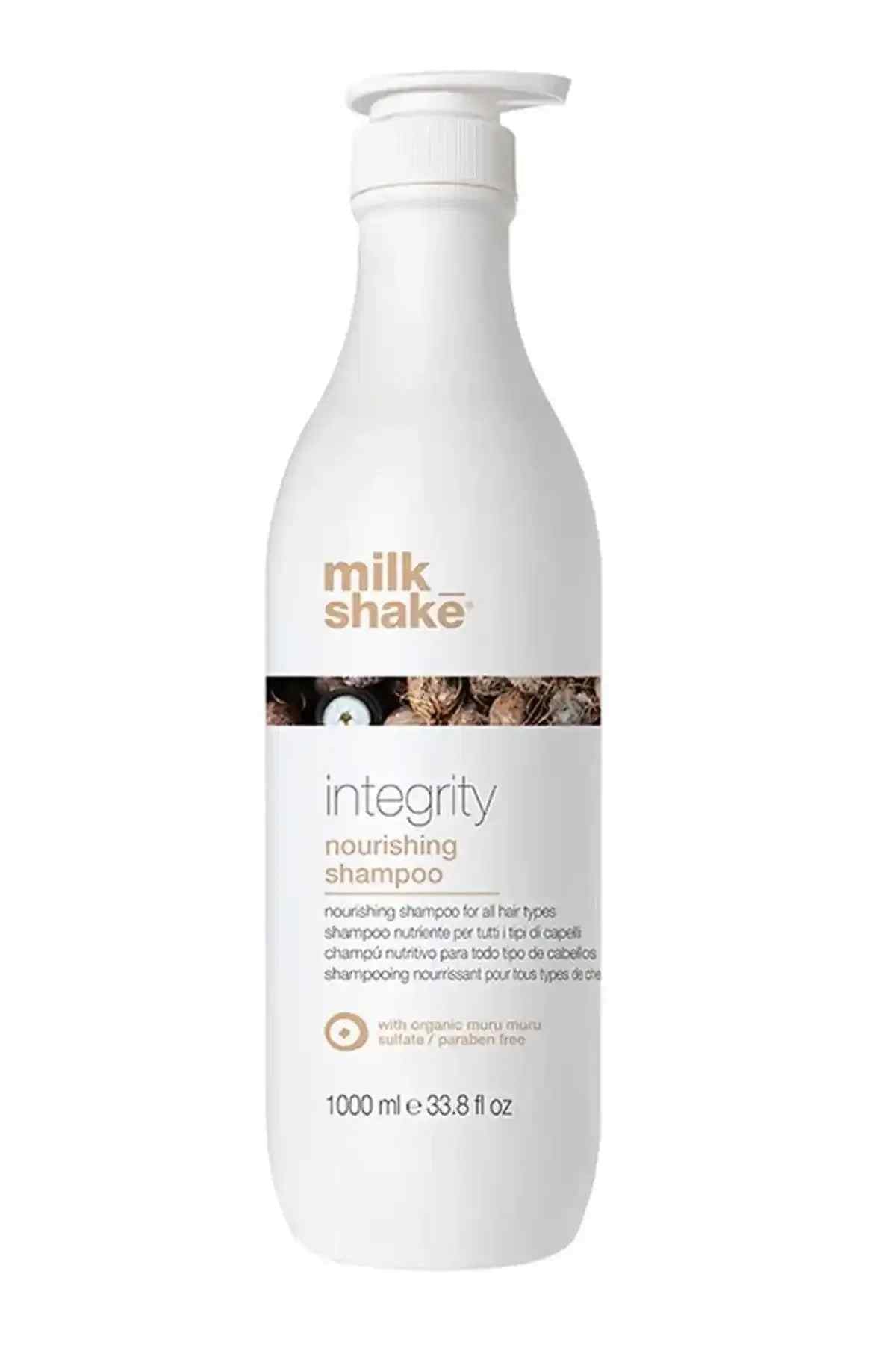 MILK SHAKE integrity nourishing shampoo bottle, white plastic with pump top
