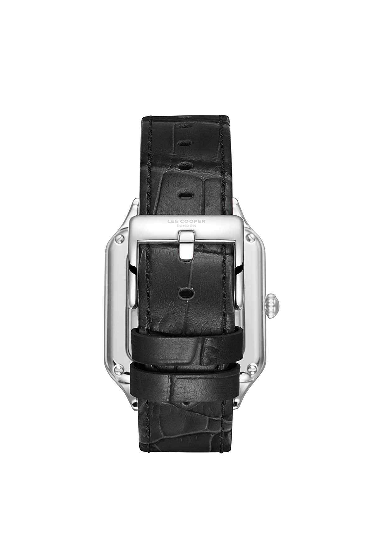 Square-faced wristwatch with black leather strap and silver case back, buckle view