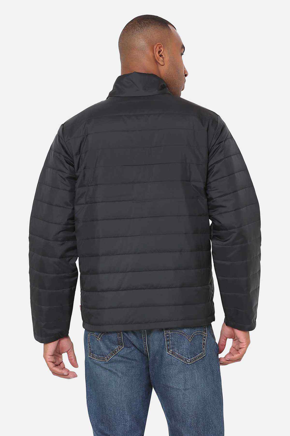 Levi's black puffer jacket back view with quilted panels and full-zip