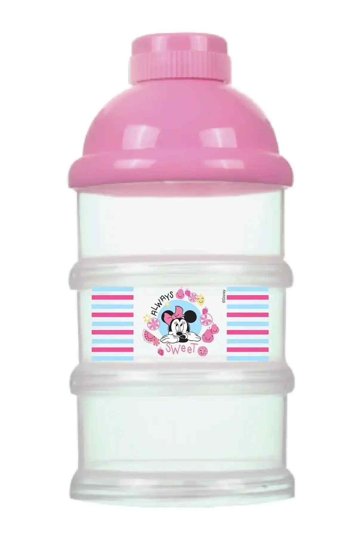 Disney character baby bottle with pink cap and colorful front print, striped sides