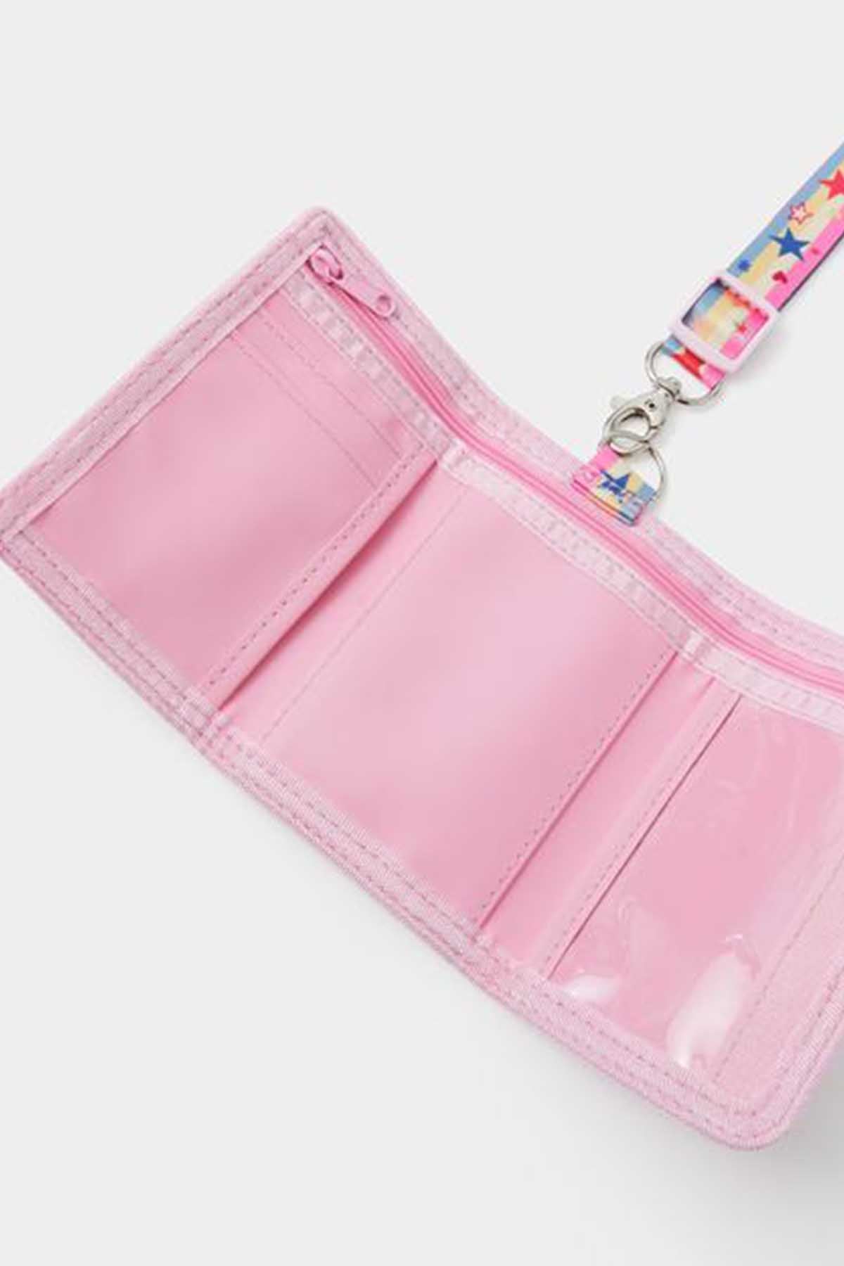 Pink mini wallet interior with clear pockets and star keyring strap
