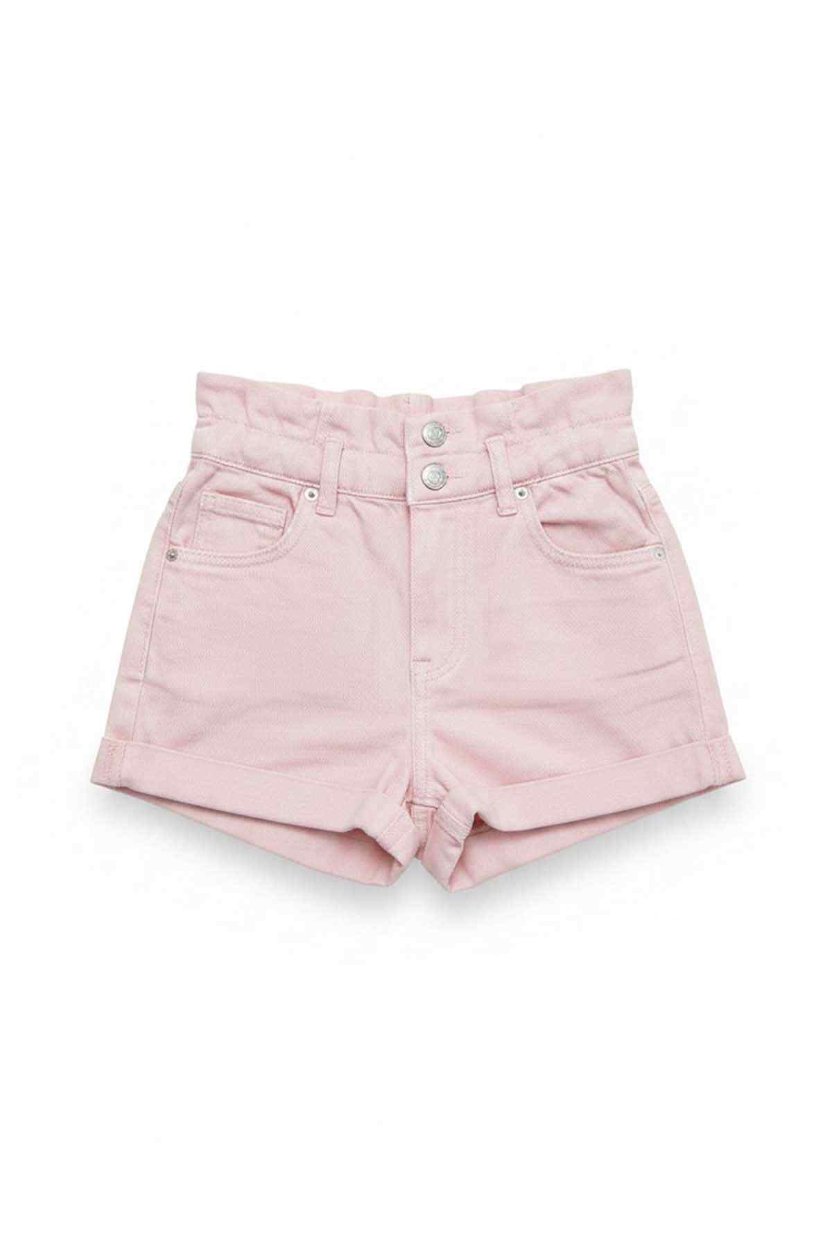 Pink shorts with button-fly, belt loops, and front pockets