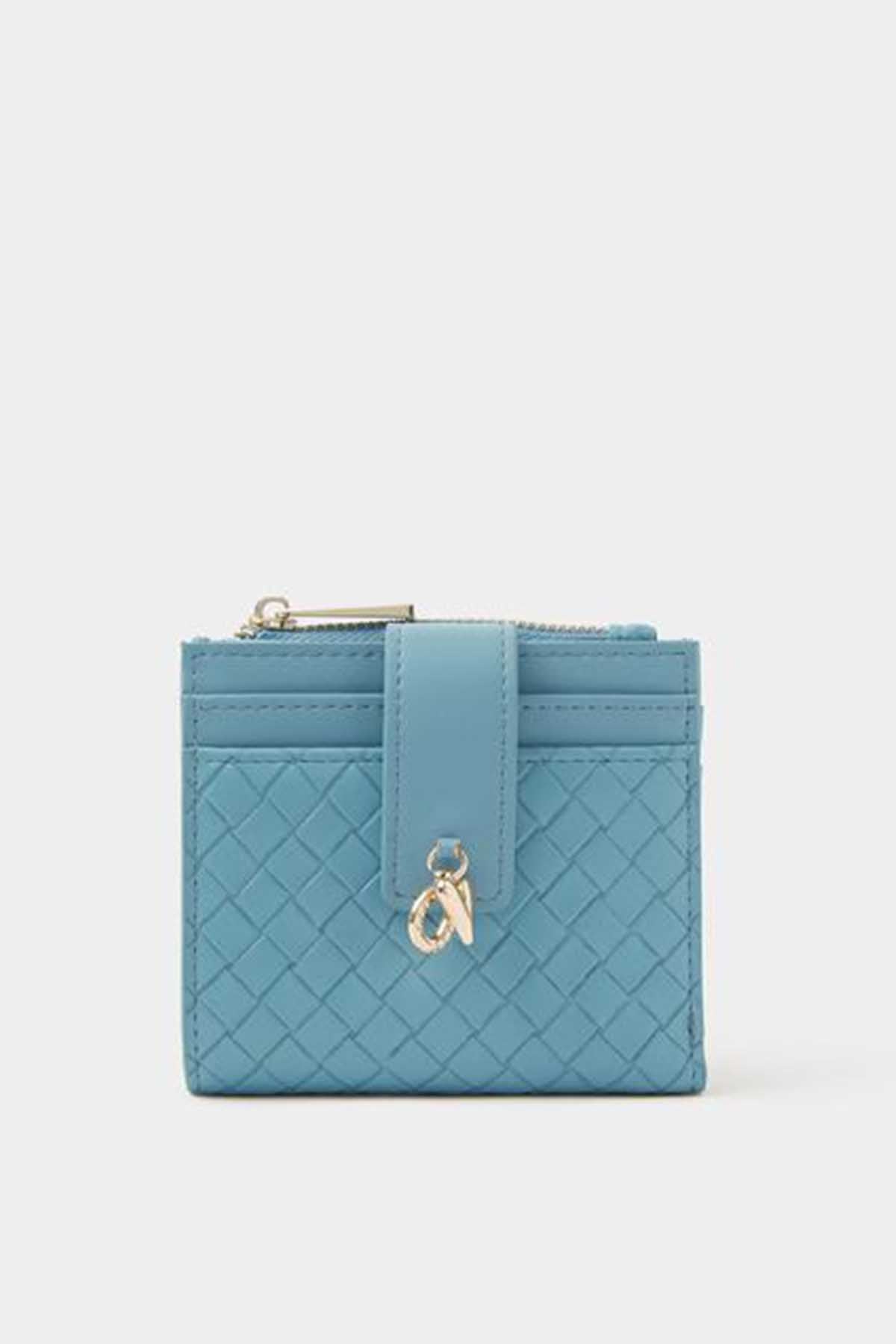 Blue quilted card holder wallet with front flap compartments and gold clasp