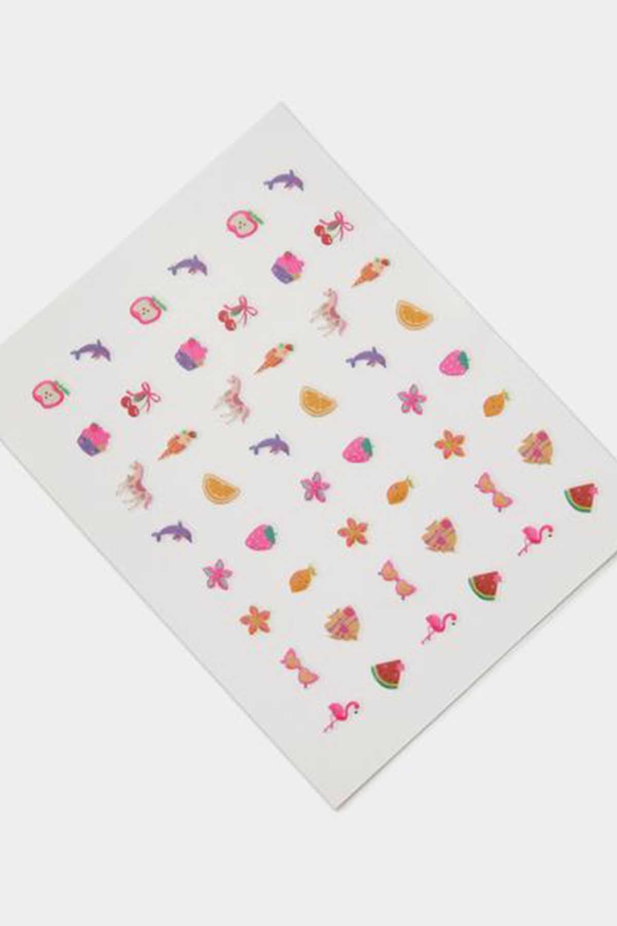 Square sticker sheet with colorful icons, including unicorns, sweets, and rainbows