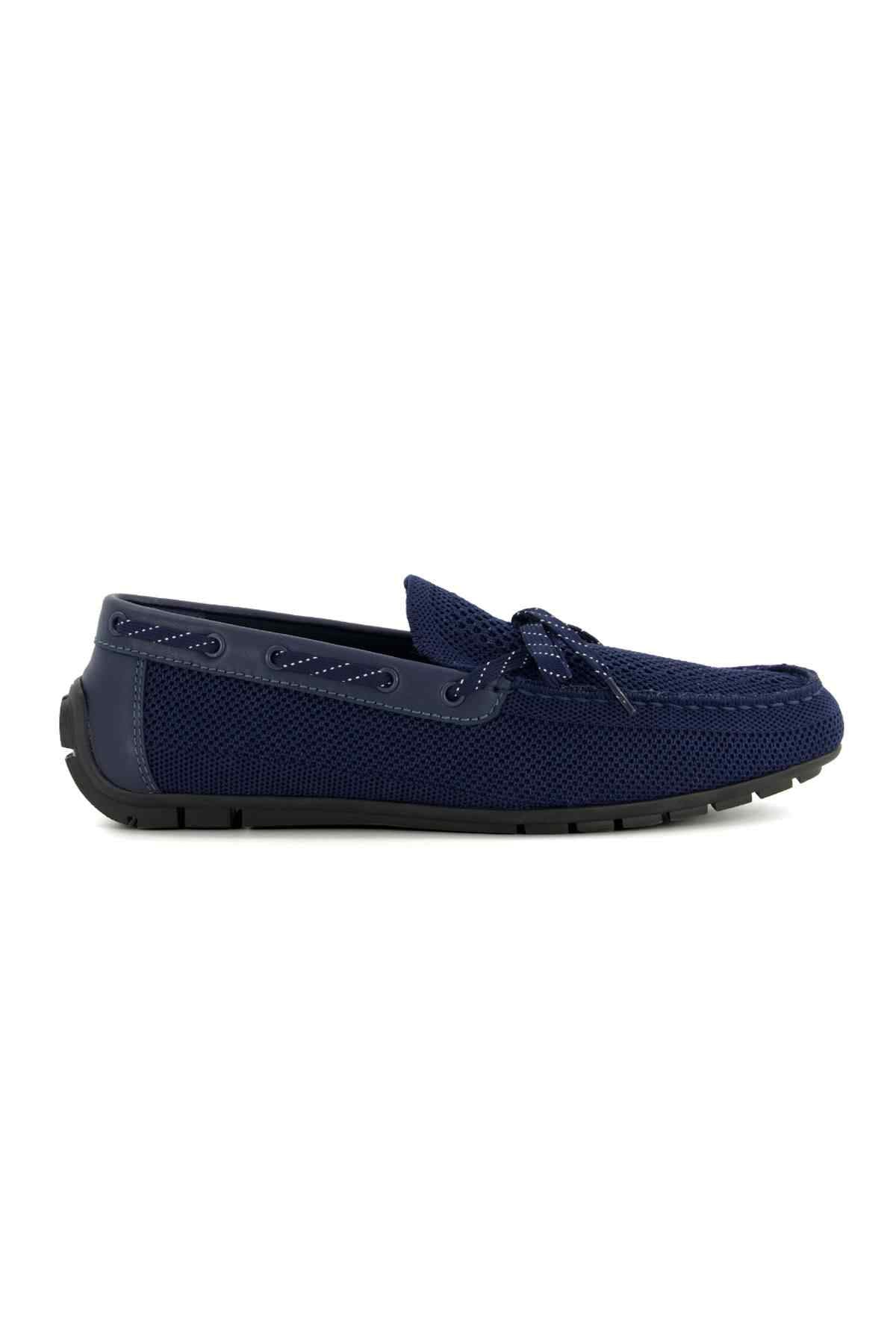 Dune London navy lace-up boat shoe, front side view, mesh upper and rubber sole