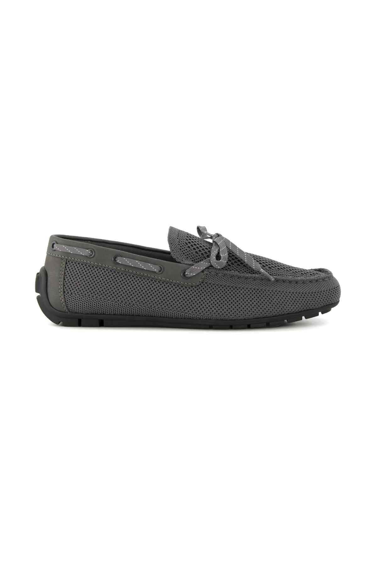 Dune London grey mesh loafer front view, moc-style stitching and rubber sole