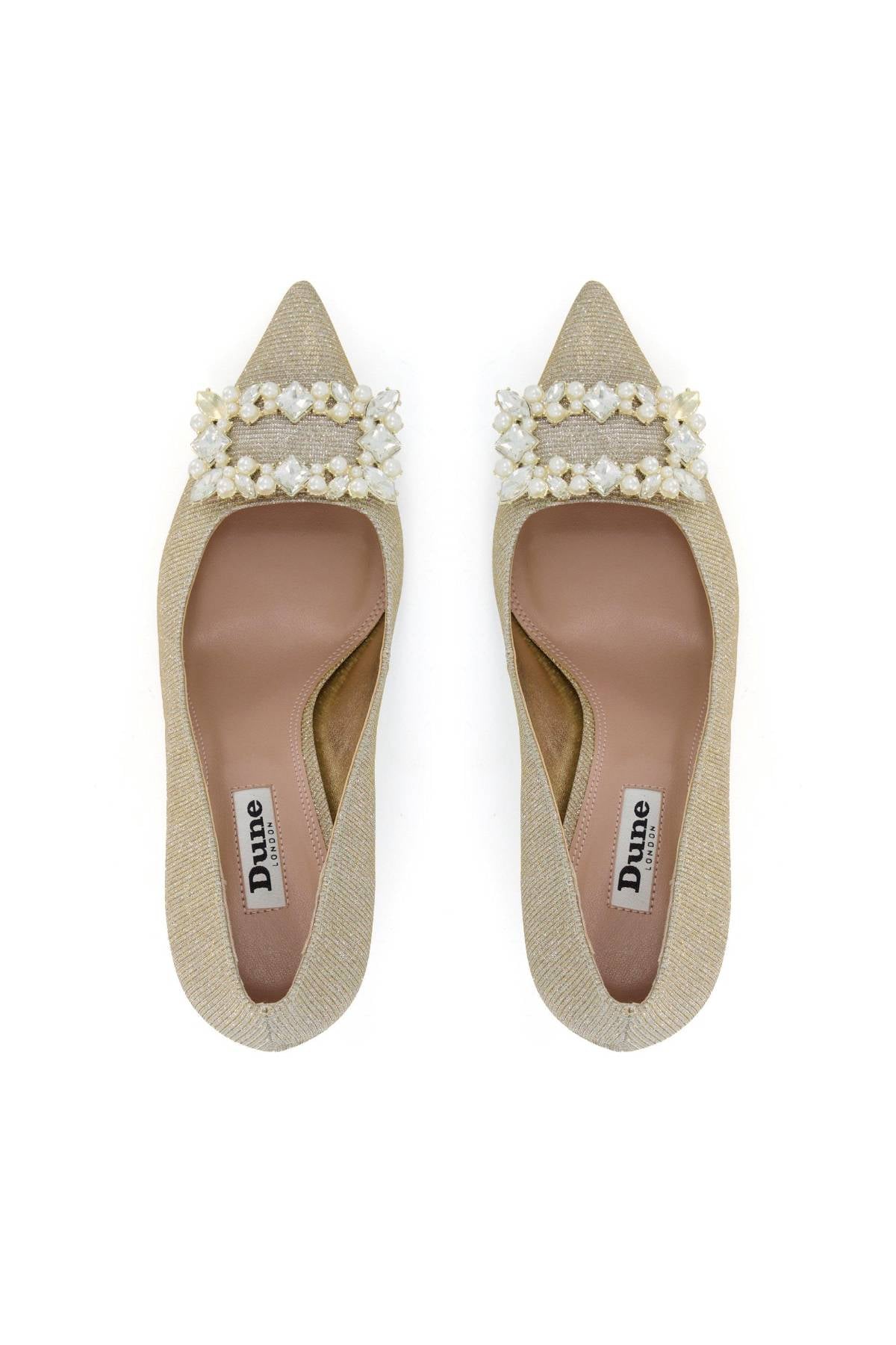 Dune London gold pointed-toe heels with pearl-and-crystal cluster trim, pair view.
