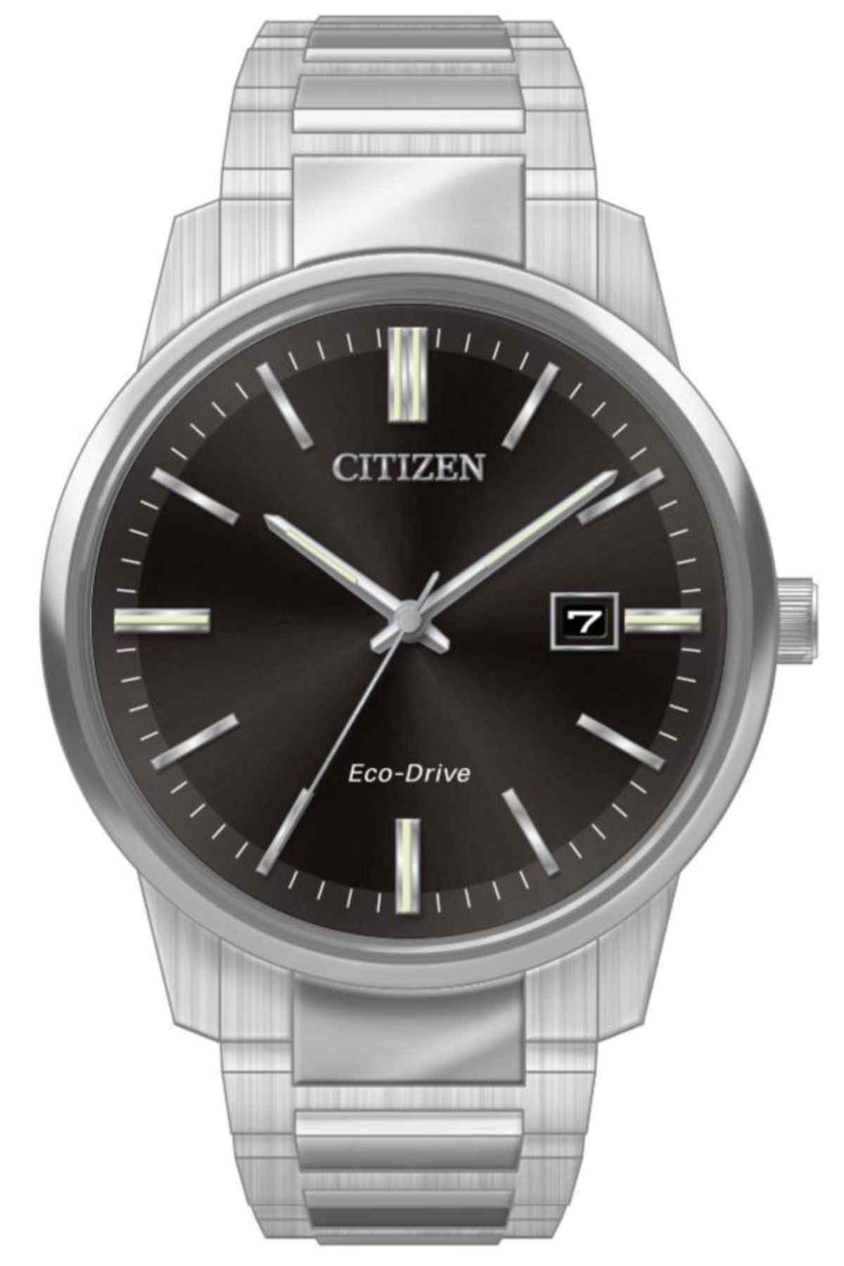 CITIZEN Eco-Drive silver metal wristwatch with dark dial and date window at 3