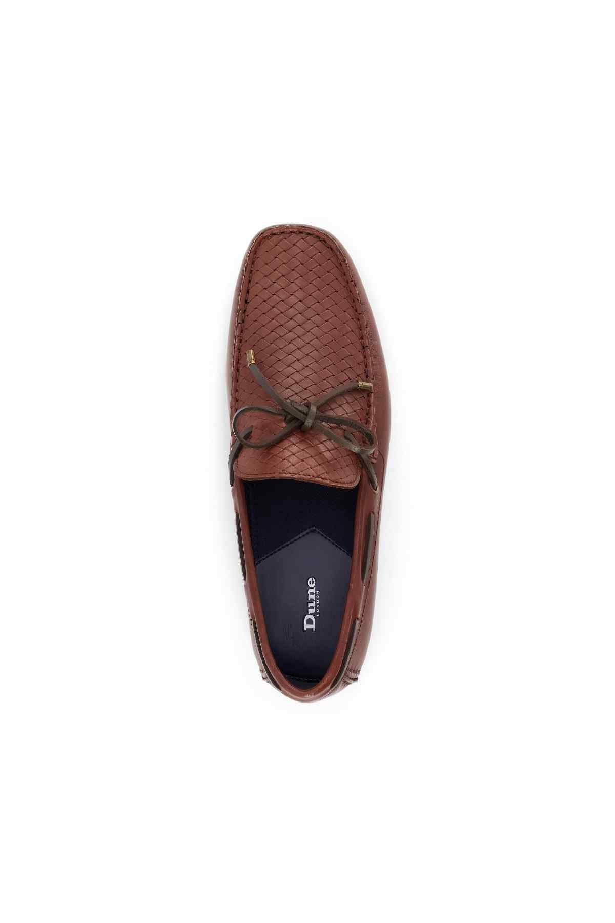 Dune London tan leather loafer with lace tie, interior logo lining visible