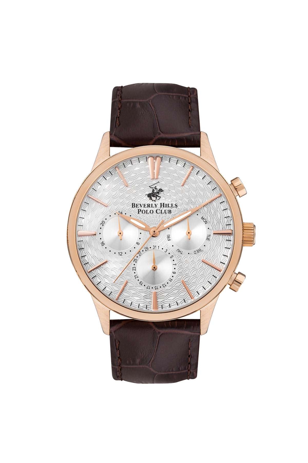 BHPC rose gold wristwatch with brown leather strap, silver-gray chronograph dial
