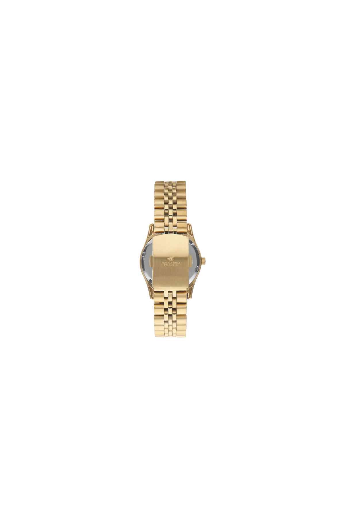Gold-tone wristwatch with metal link strap and round case, angled view