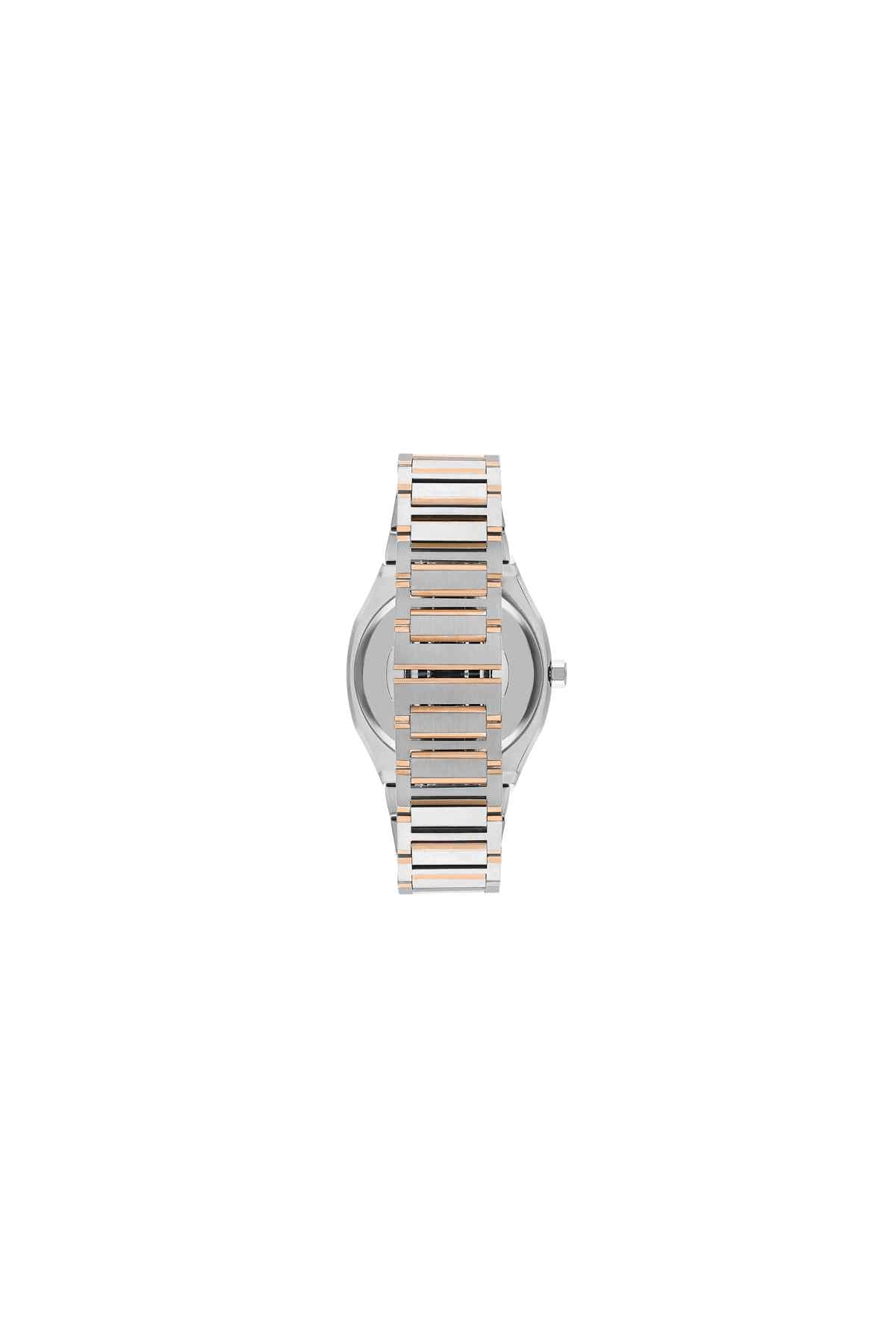Two-tone steel wristwatch angled view with rose-gold markers and polished bezel