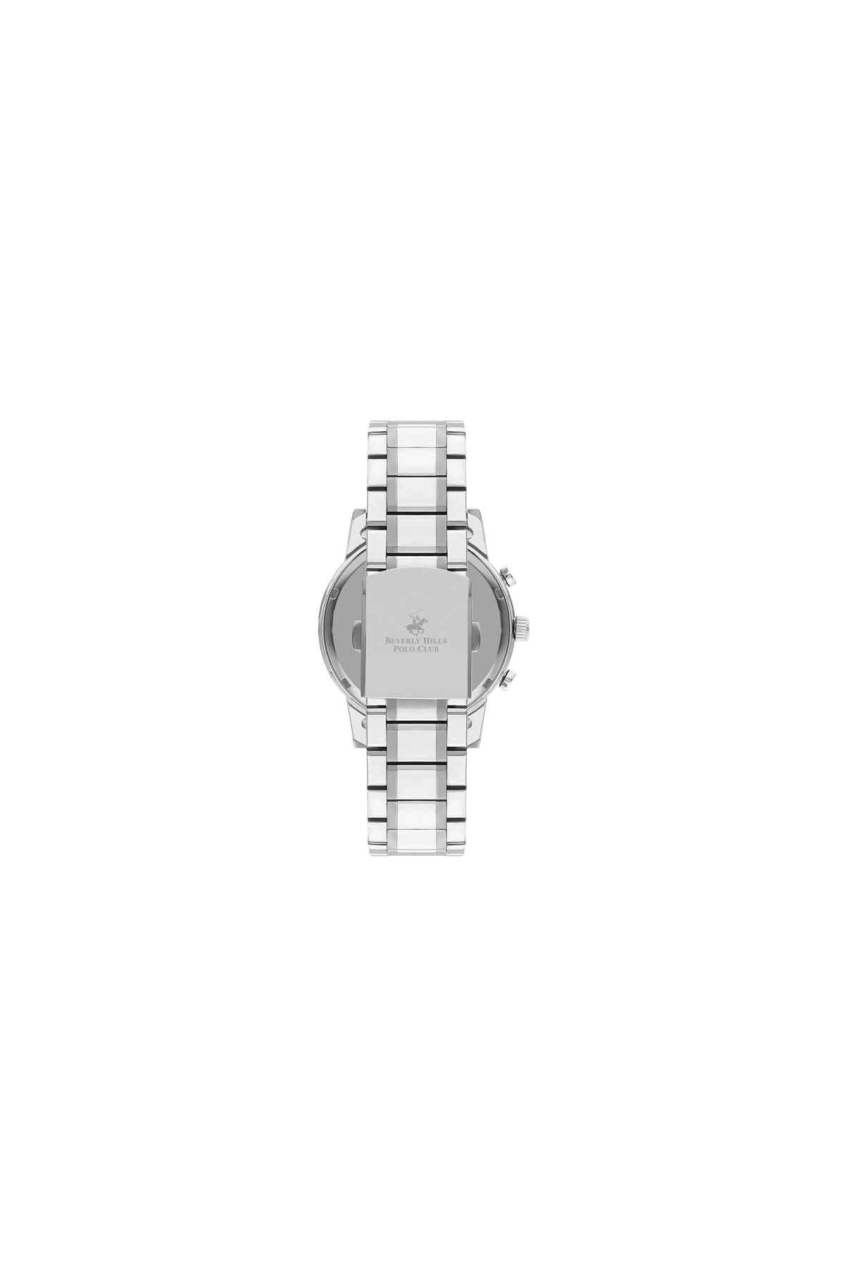 Steel metal wristwatch with engraved case back and bracelet link band