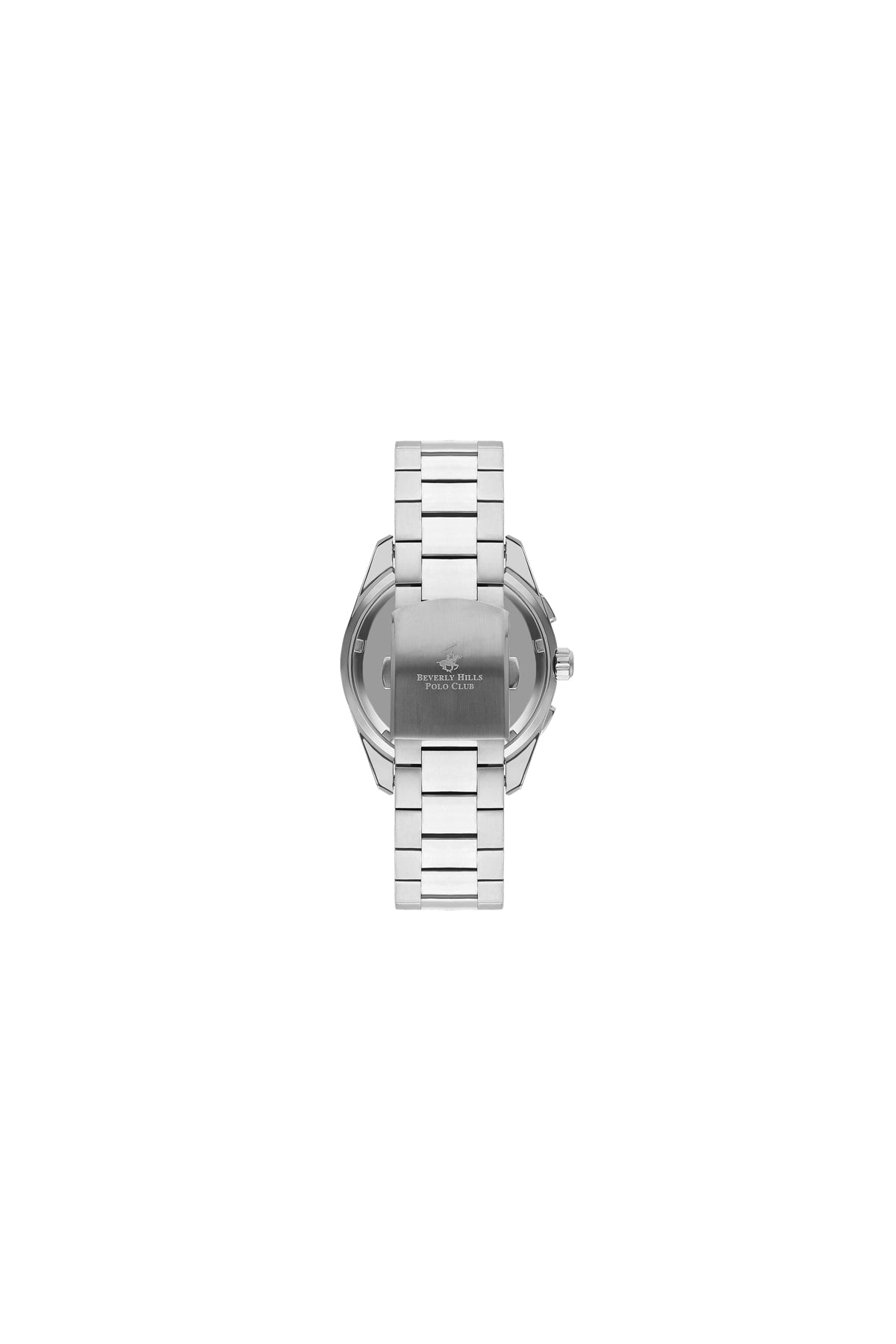 Steel wristwatch back view with metal bracelet band