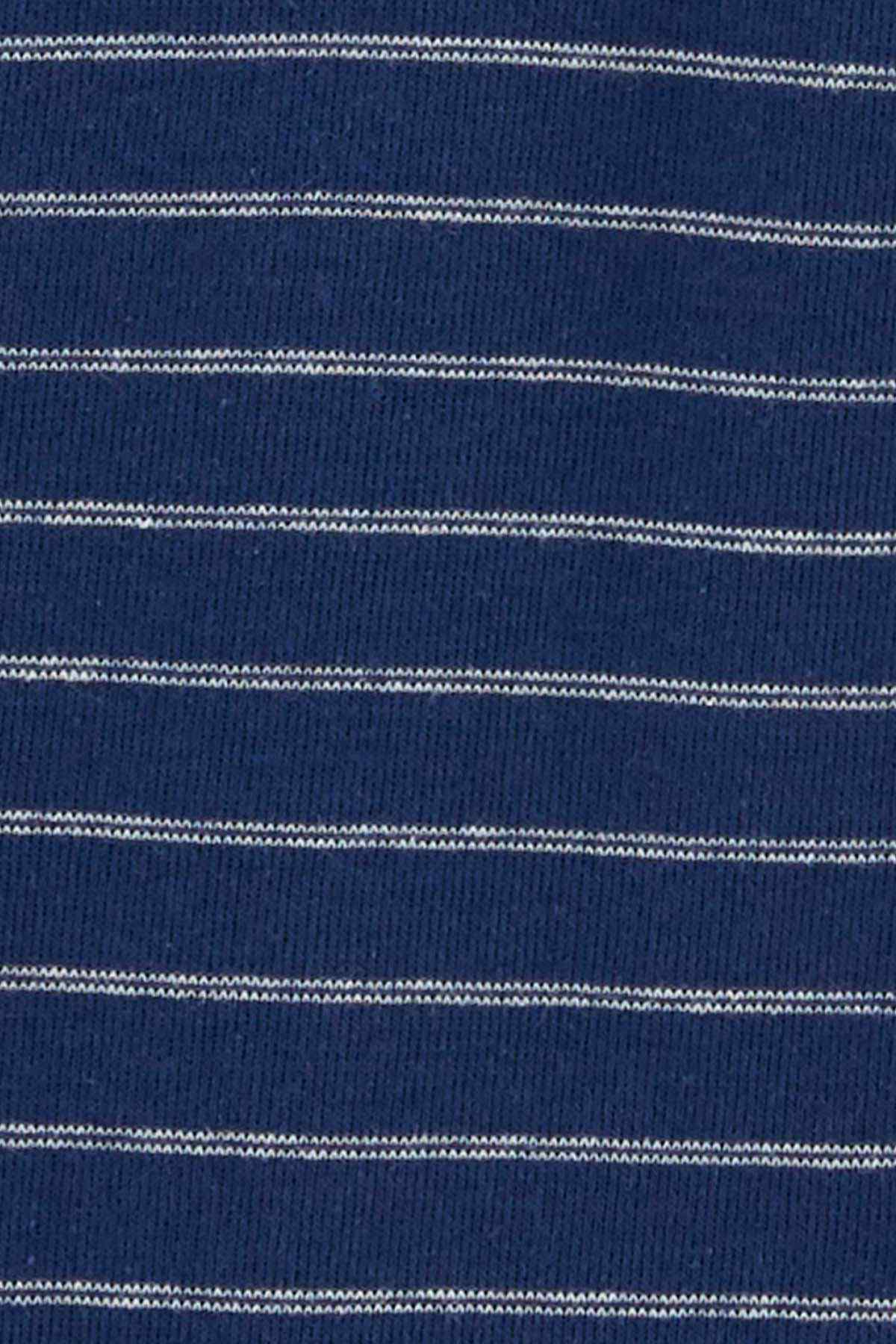 Close-up knit fabric with navy and white horizontal stripes