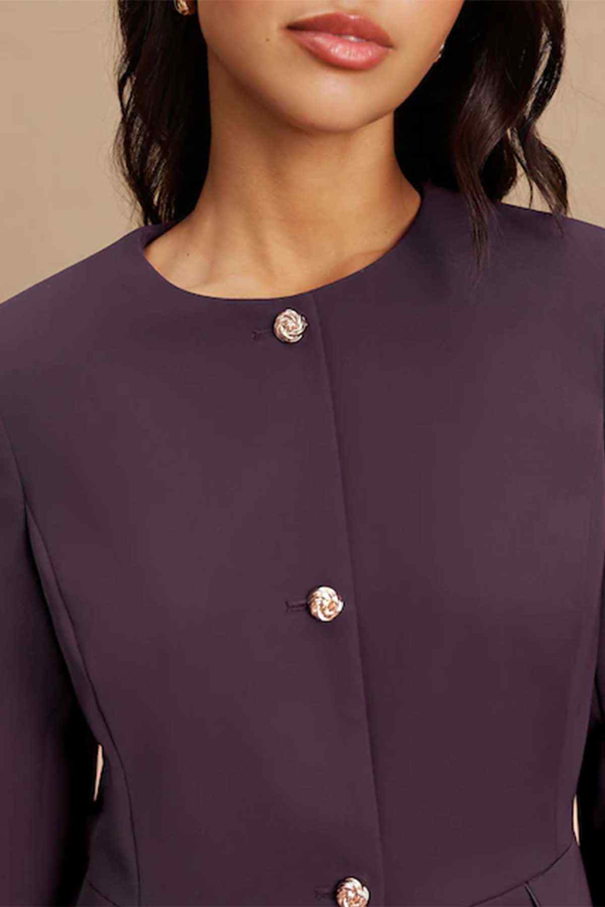Dark purple blazer with crew neckline and gold round buttons