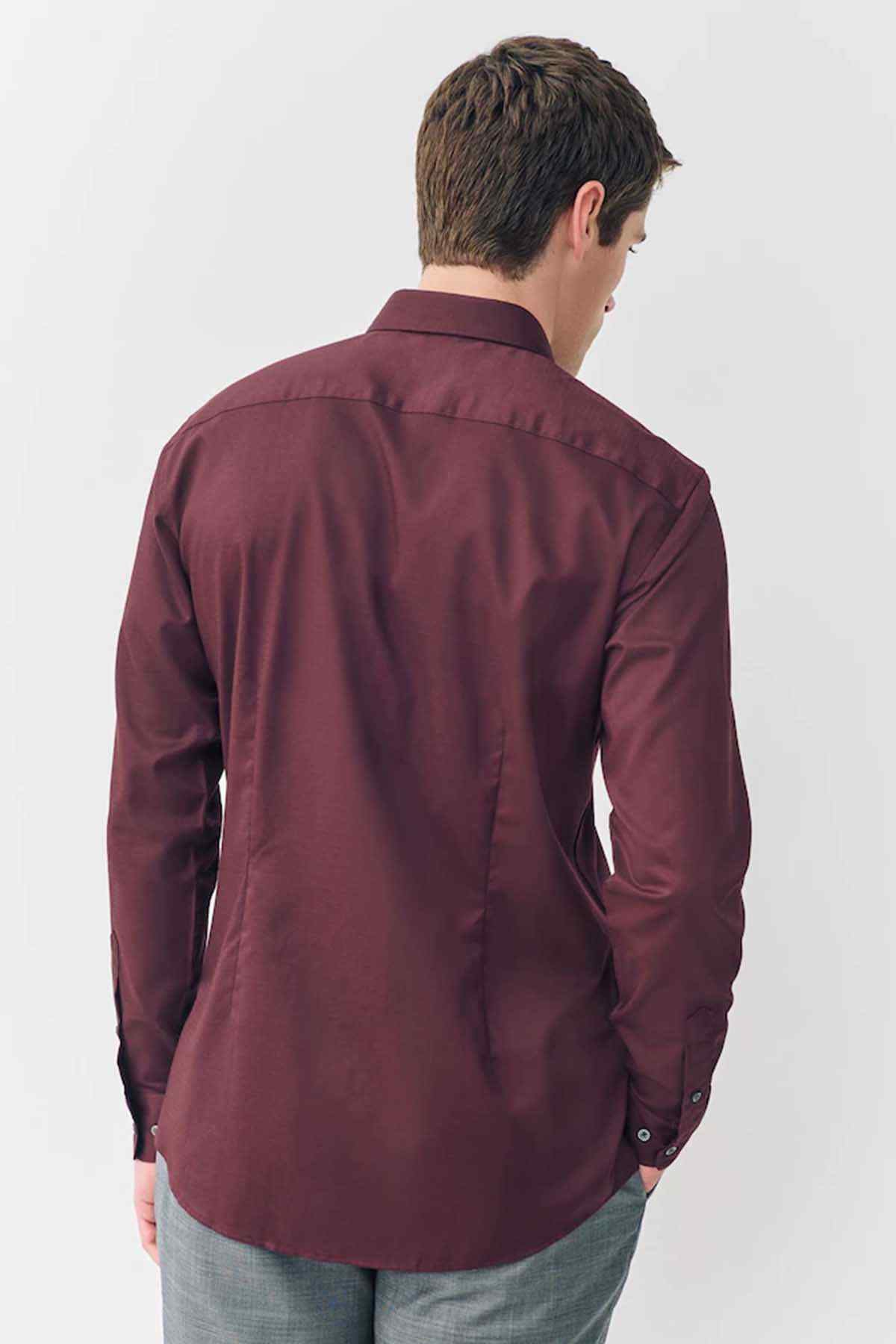 Men's burgundy button-up dress shirt, back view with long sleeves