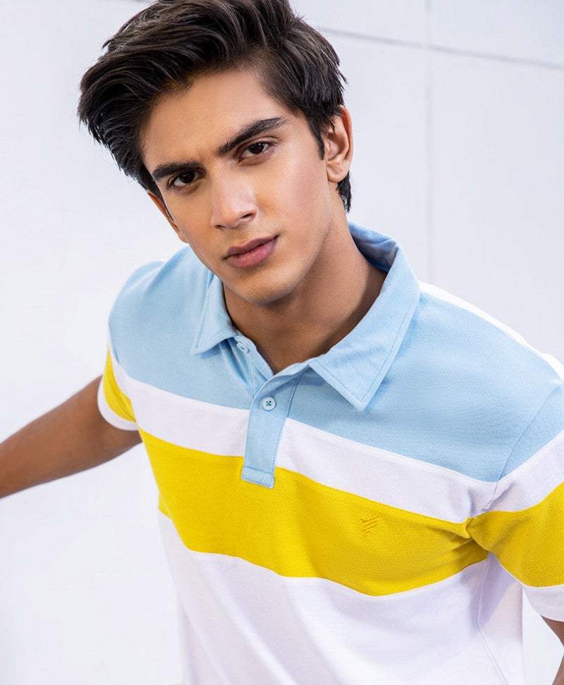 Men's fitted polo shirt neckline and collar close-up in light blue, yellow, and white