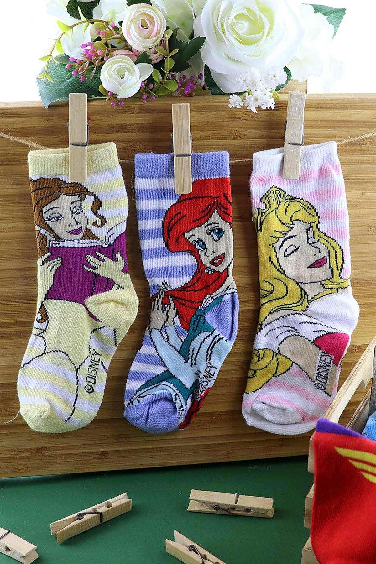 Princess crew sock set with character graphics in pink, blue, and yellow