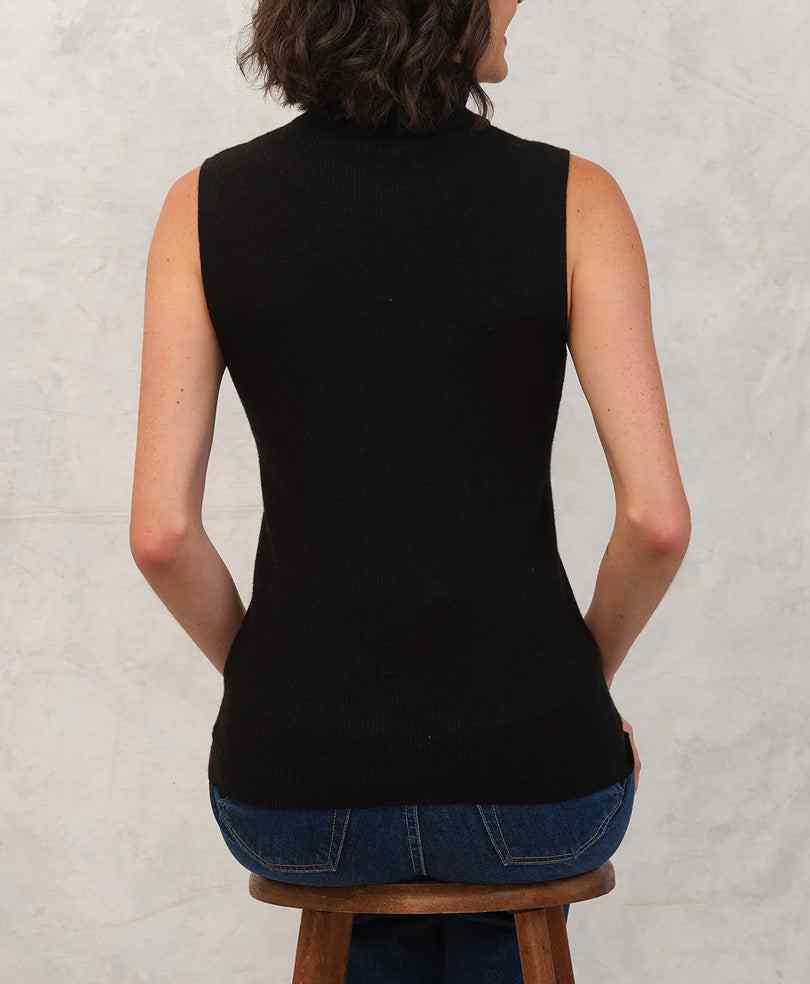 Fitted black ribbed sleeveless turtleneck top, back view