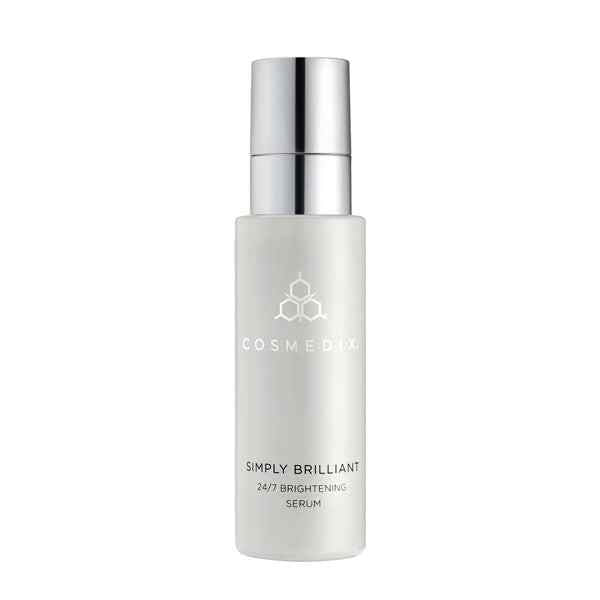 Cosmedix Simply Brilliant 27% brightening serum bottle, silver cap, frosted glass