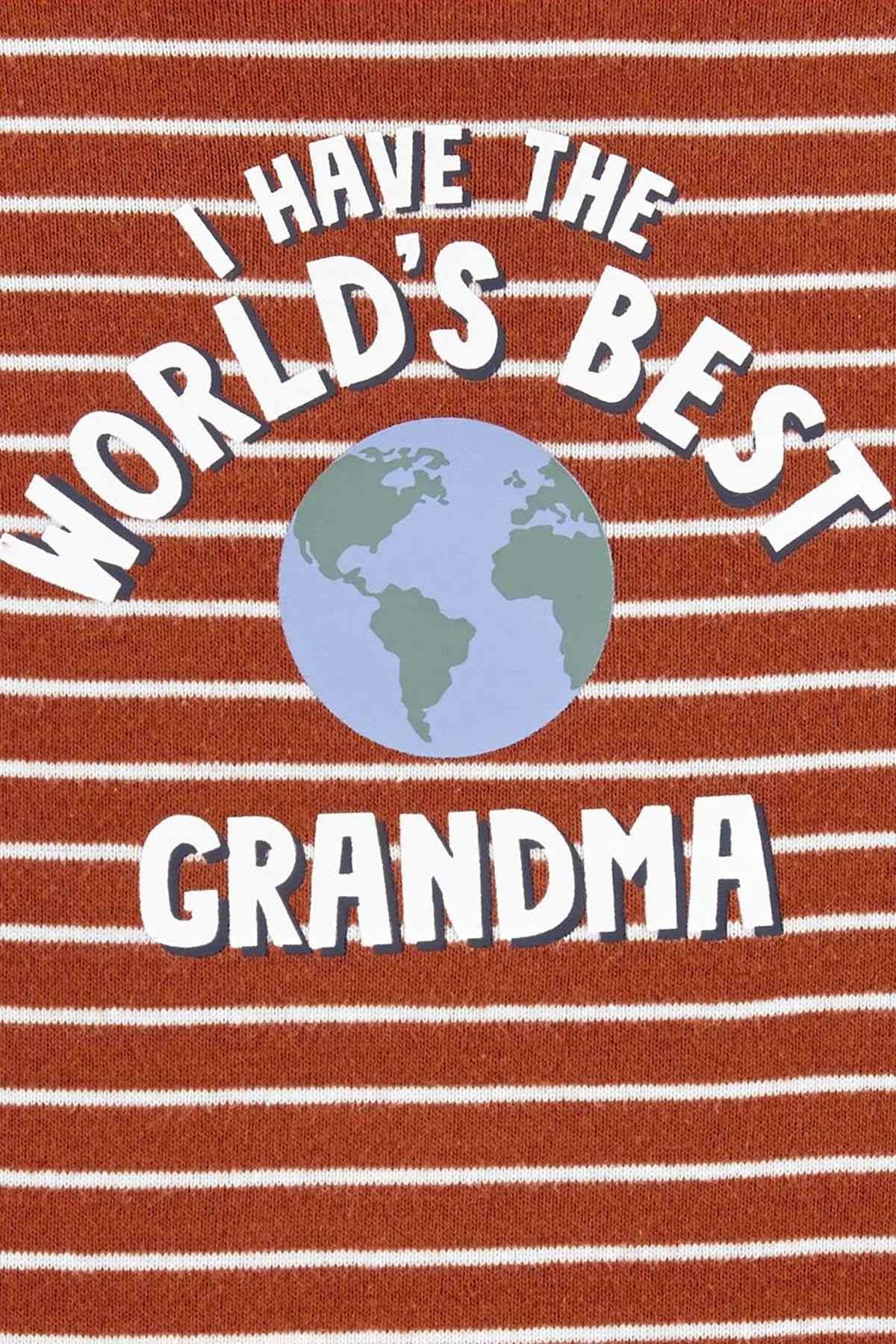 Brown striped shirt with "World's Best Grandma" text and globe graphic