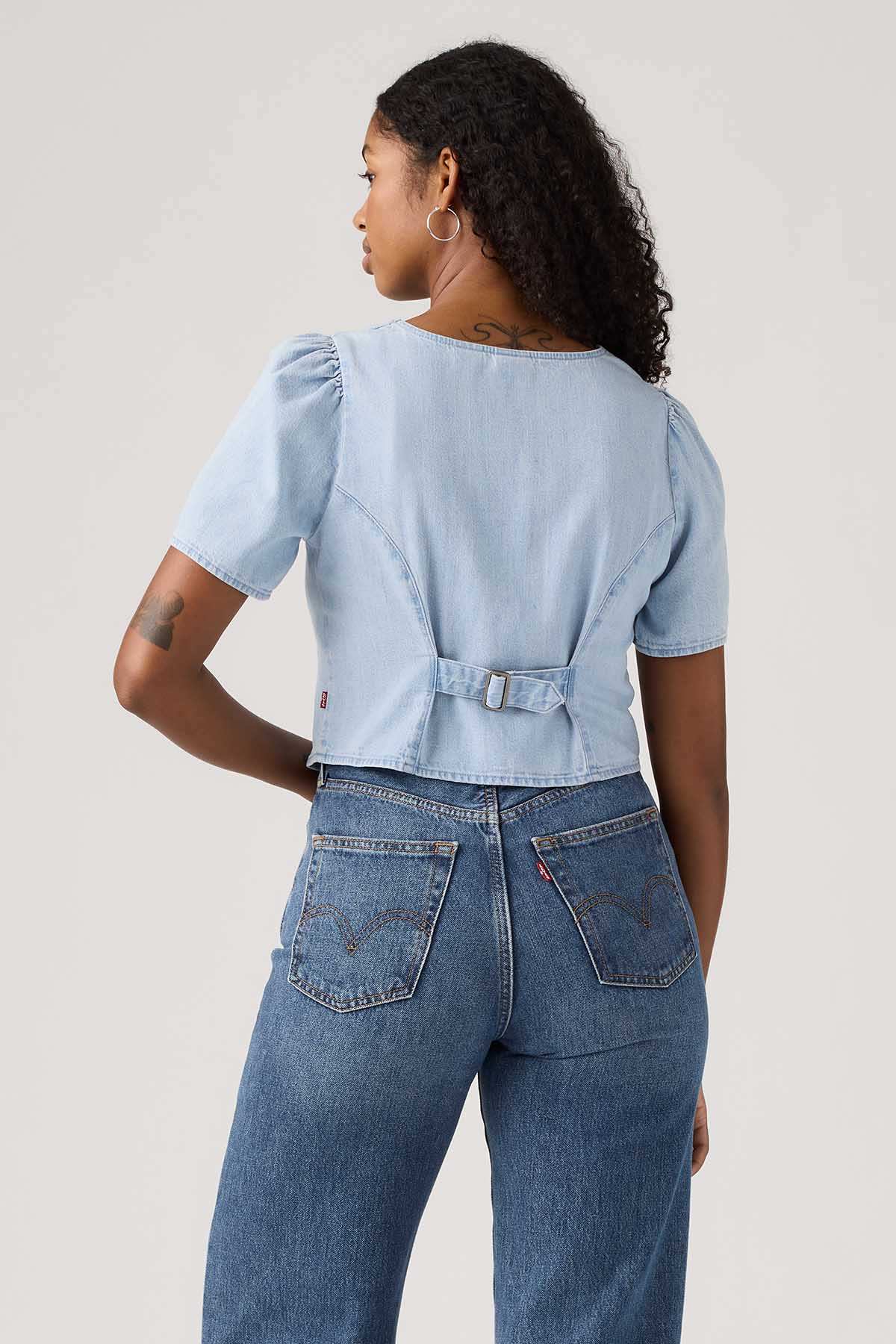 Levi's light blue denim button-back cropped top with waist belt