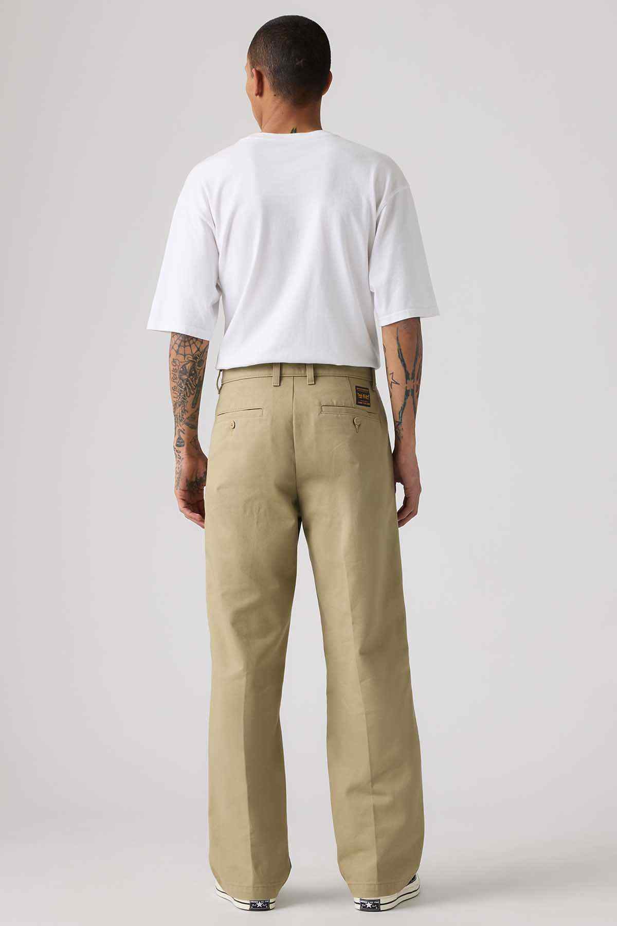 Levi's tan chinos from the back, straight-leg fit with button waistband