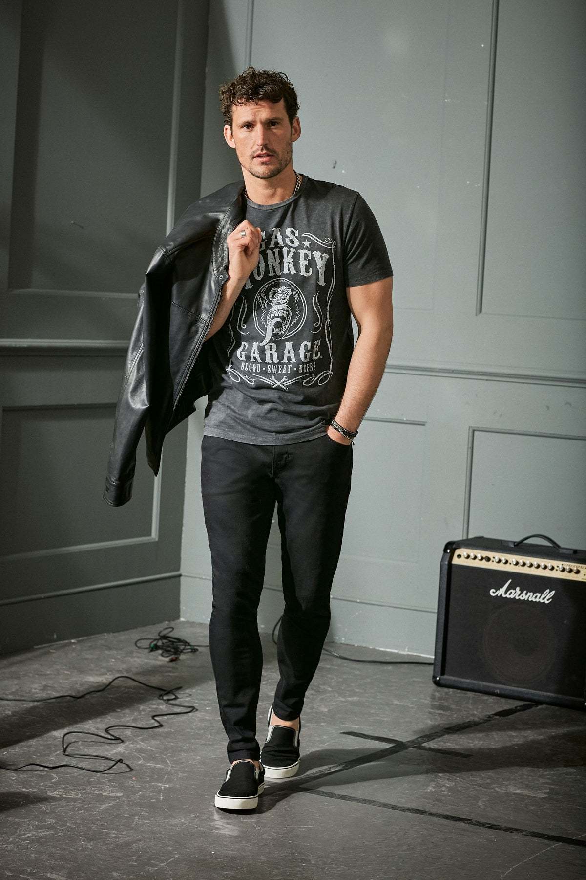Black graphic crew-neck T-shirt with short sleeves