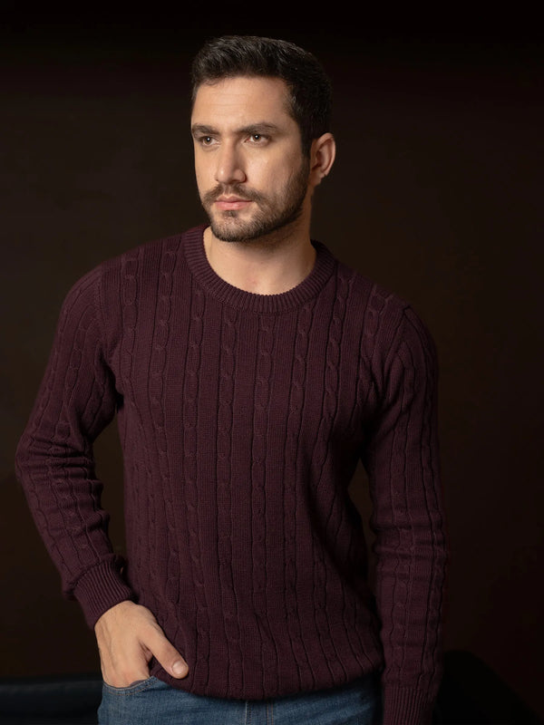 Brumano burgundy cotton cable knit sweater, crew neck