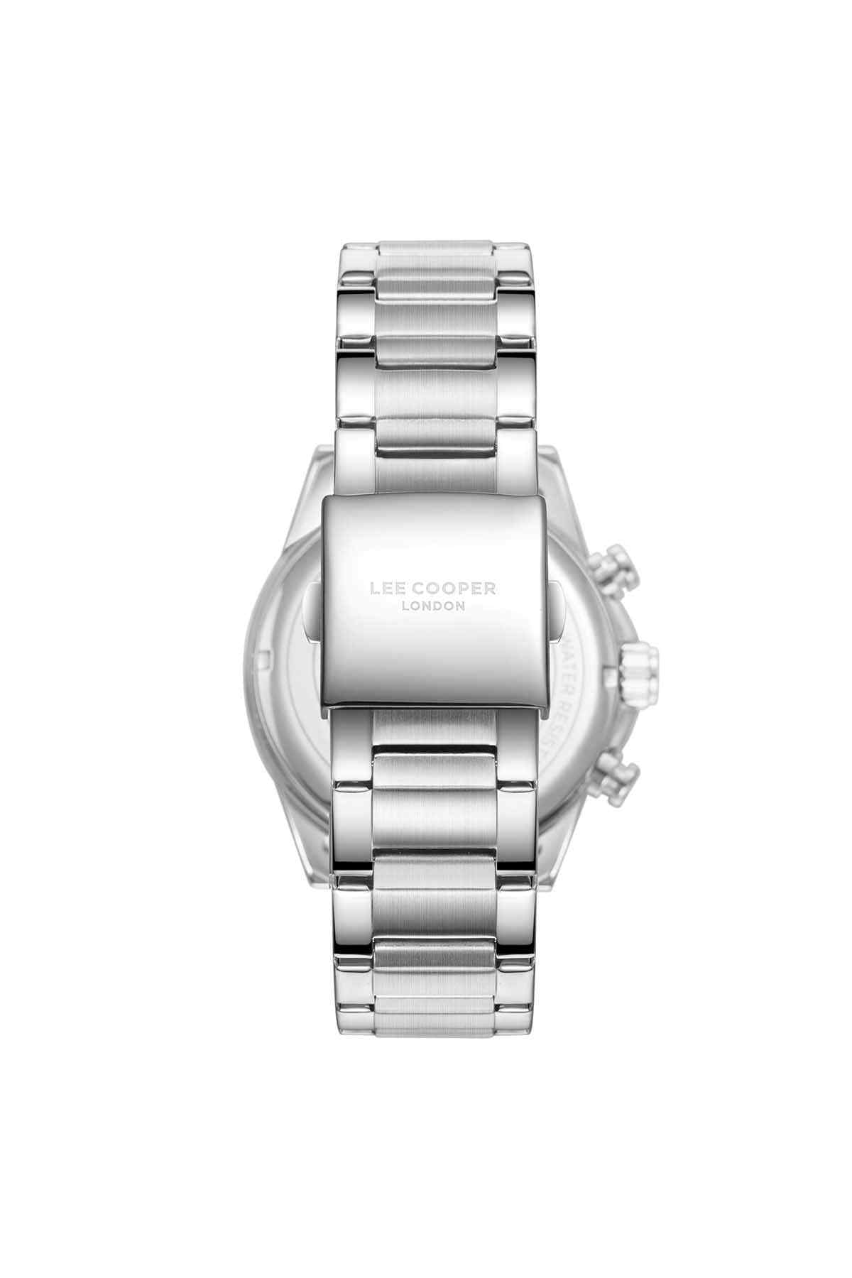 Lee Cooper silver metal wristwatch back view with linked bracelet and clasp