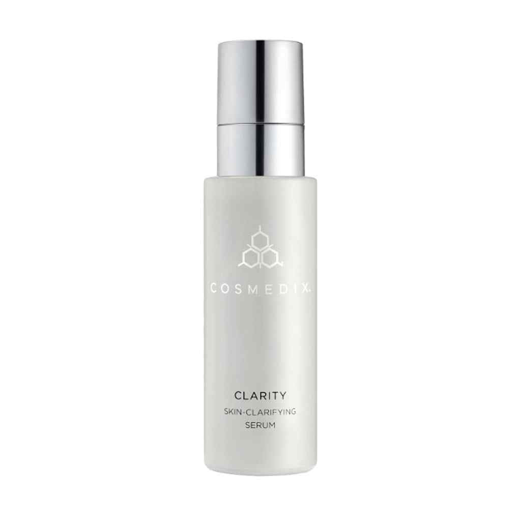 Cosmedix Clarity skin-clarifying serum bottle with pump, pale clear liquid