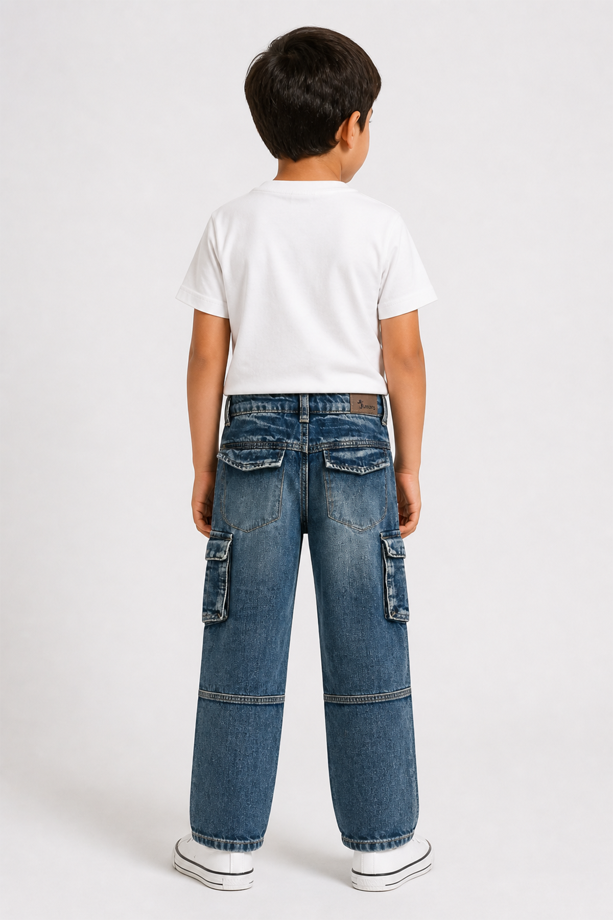 Blue denim cargo jeans, straight wide leg, back view