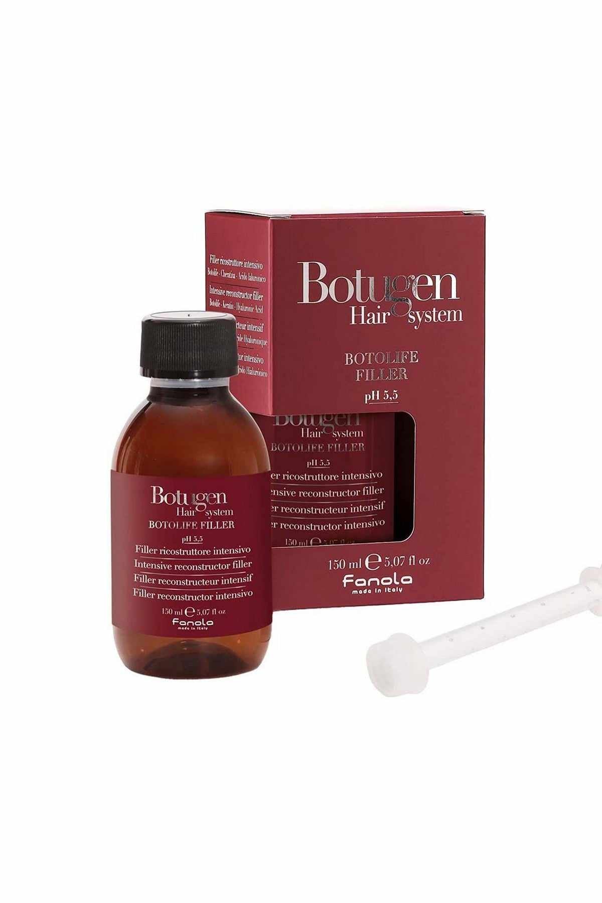 Fanola Botugen hair filler kit with dark amber bottle, box, and applicator
