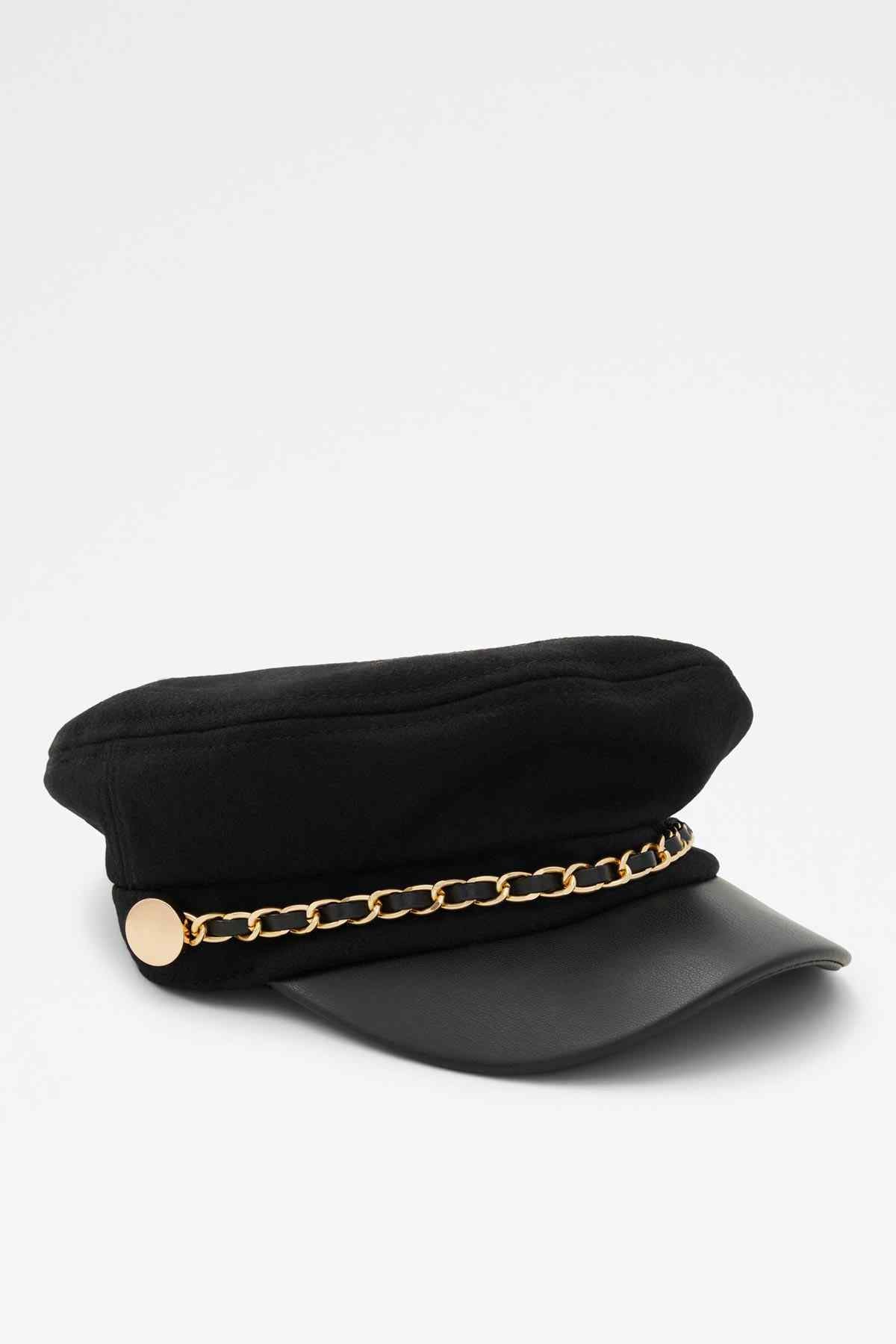 Black chain-decorated cap with gold chain trim