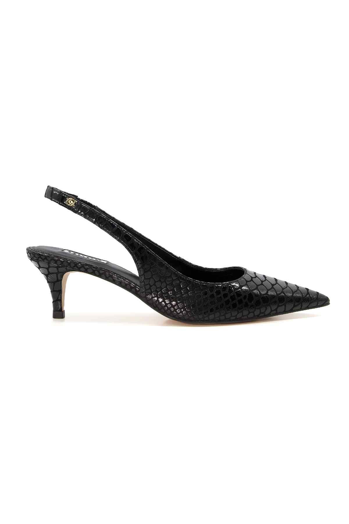 Black snakeskin pointed-toe slingback heels with slender stiletto heel